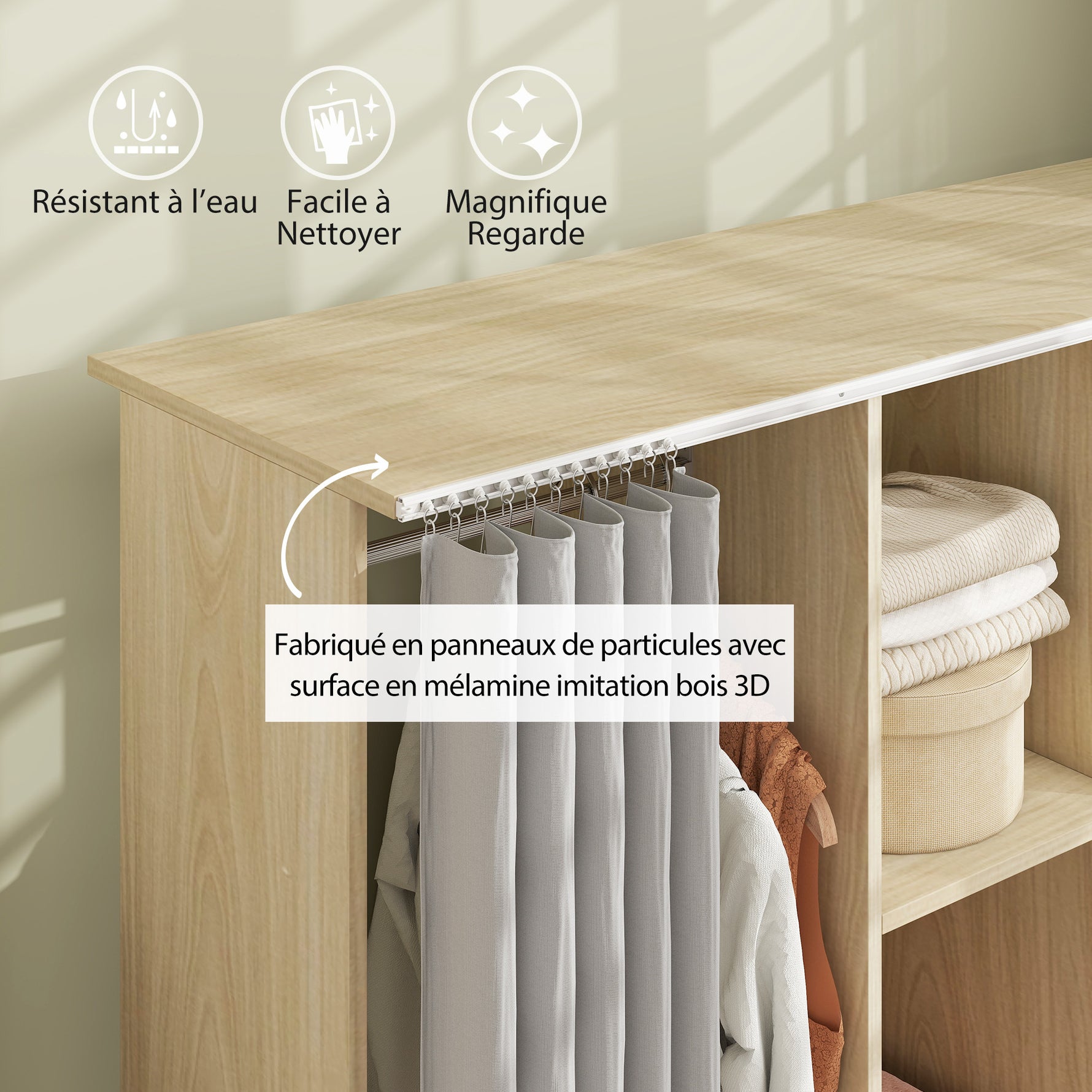 Armoire penderie Meuble de Rangement Mobile 6 roulettes 120L x 40l x 128H cm en bois naturel