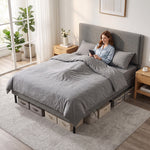 Estructura de cama de 140 x 190 cm con somier y cabecero ajustable, cama doble tapizada en lino, almacenamiento inferior, gris