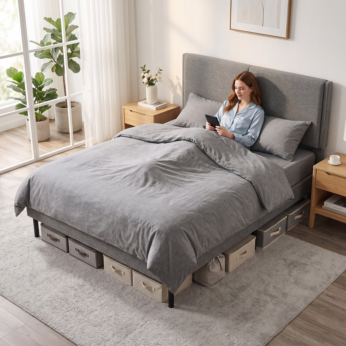 Estructura de cama de 140 x 190 cm con somier y cabecero ajustable, cama doble tapizada en lino, almacenamiento inferior, gris