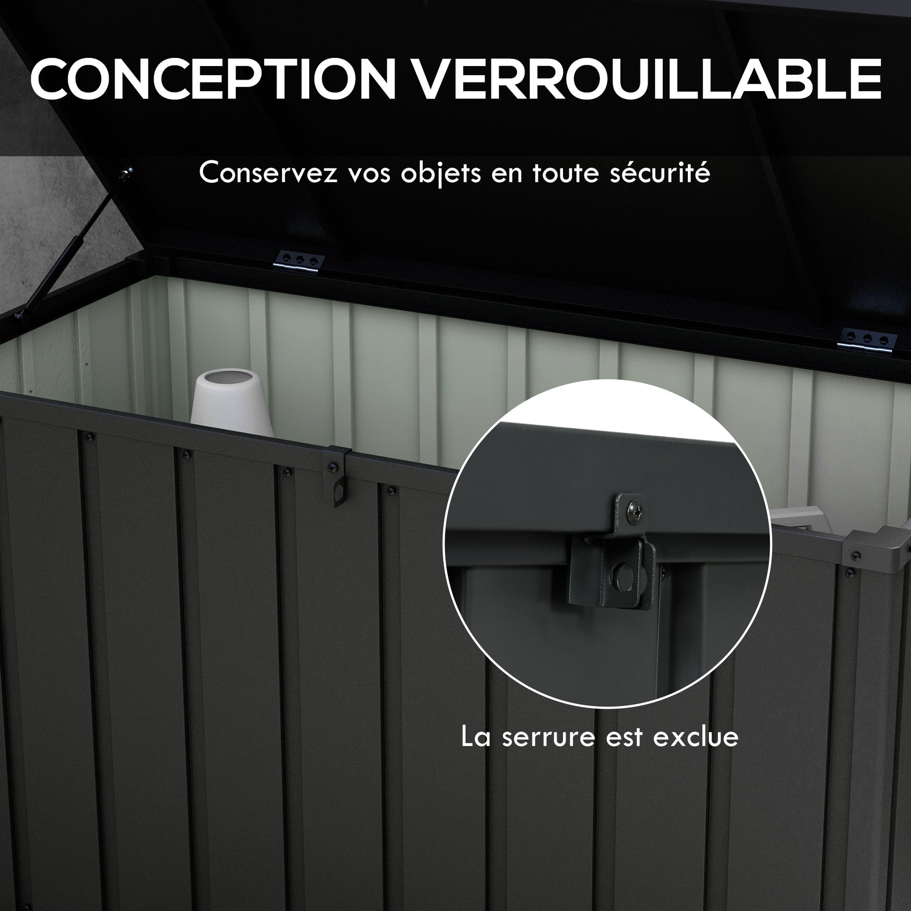 Coffre de rangement pour jardin 450L en métal avec vérin à gaz, roulettes et poignée - dim. 125,5L x 61,5l x 70H cm