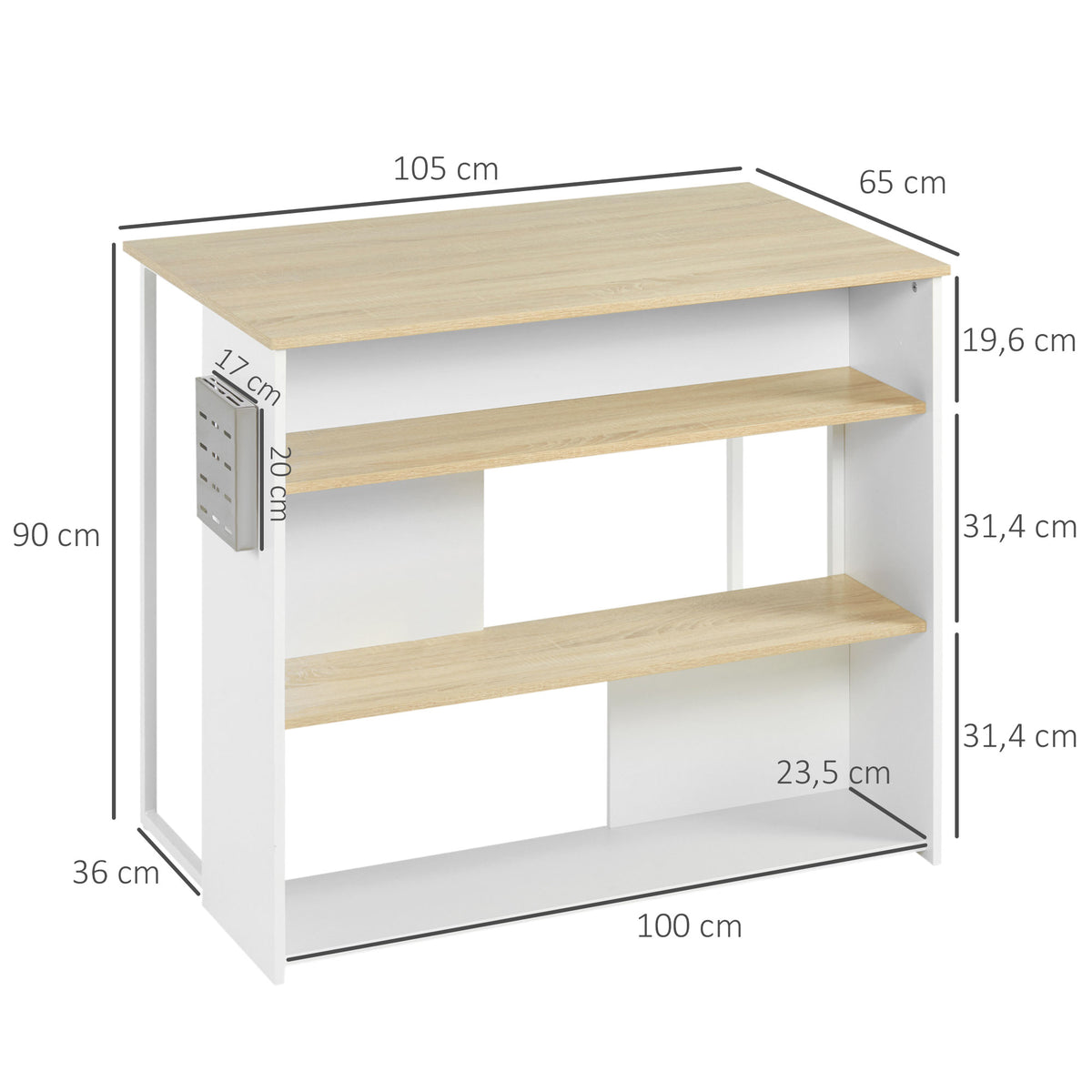 Ilot de cuisine 3 étagères de style moderne et porte-couteaux en acier inoxydable 105 x 65 x 90 cm blanc et naturel