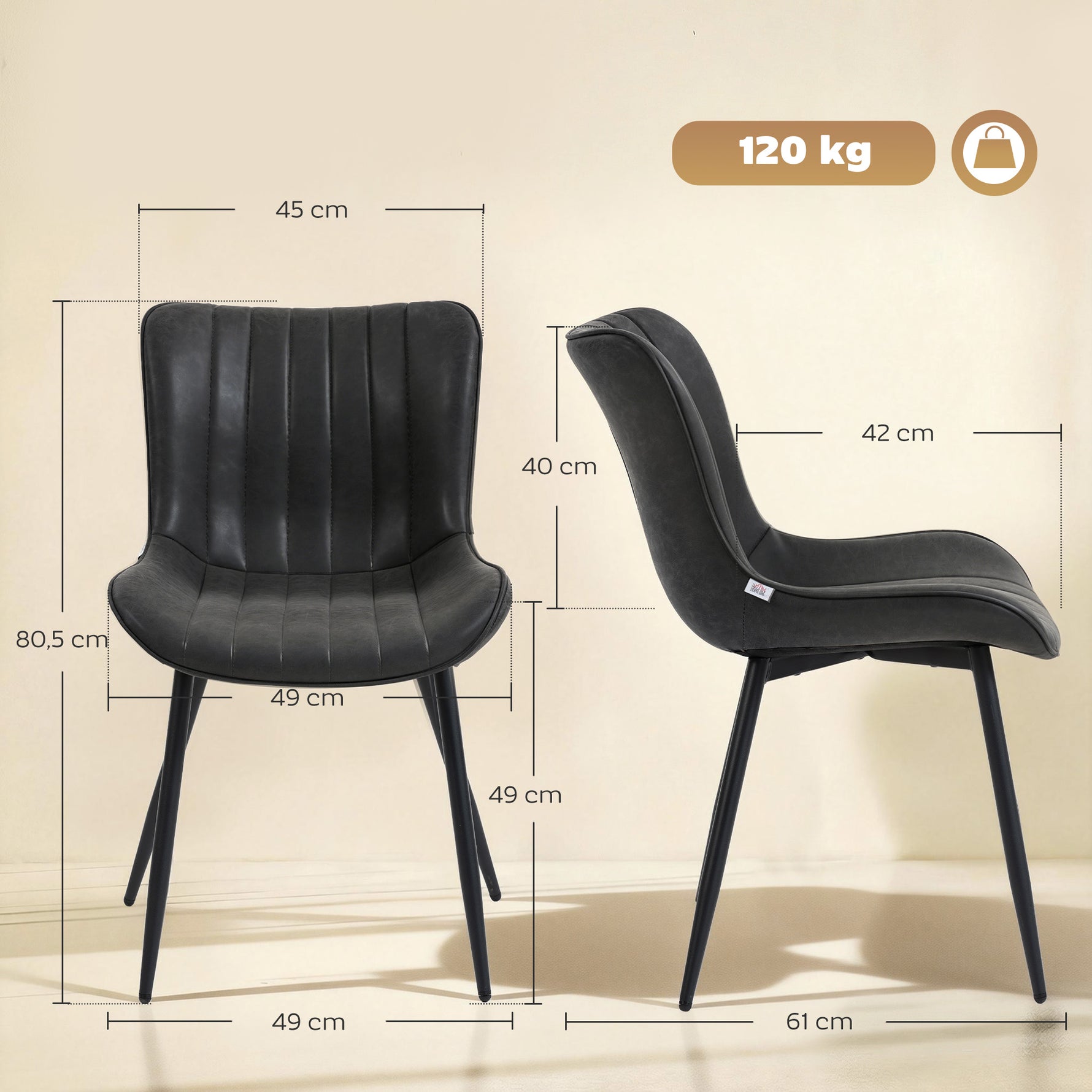 Lot de 2 chaises de salle à manger design moderne et capitonné pour salon, salle à manger, chambre à coucher, noir