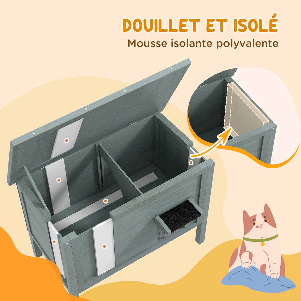 Maison pour chats niche d'extérieur en bois surélevée avec toit ouvrable isolée  85 x 50 x 68,5 cm gris foncé et noir