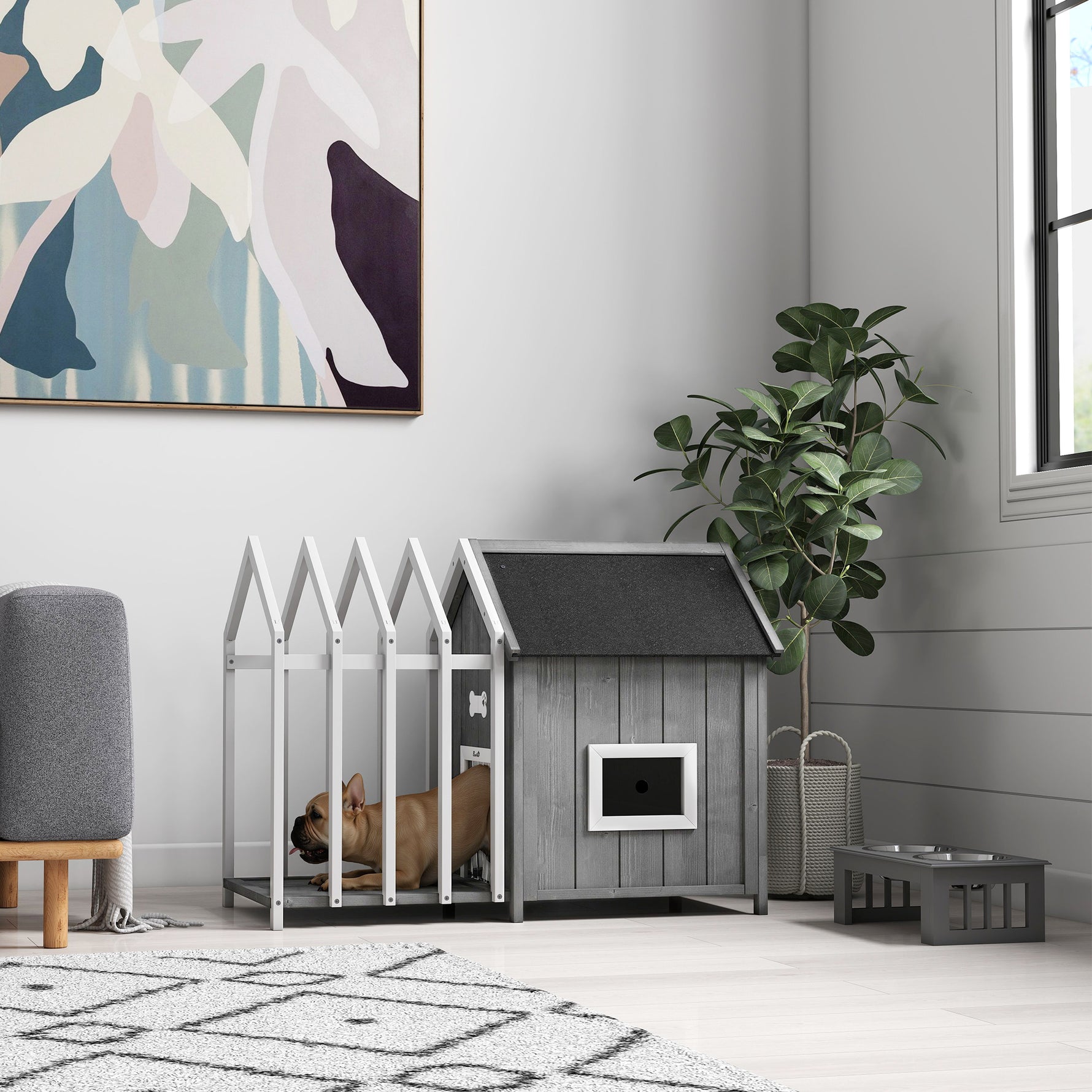Niche pour chien extérieur en bois maison chien extérieur avec terrasse, porte à lamelles, 106 x 62,5 x 80,5 cm, gris