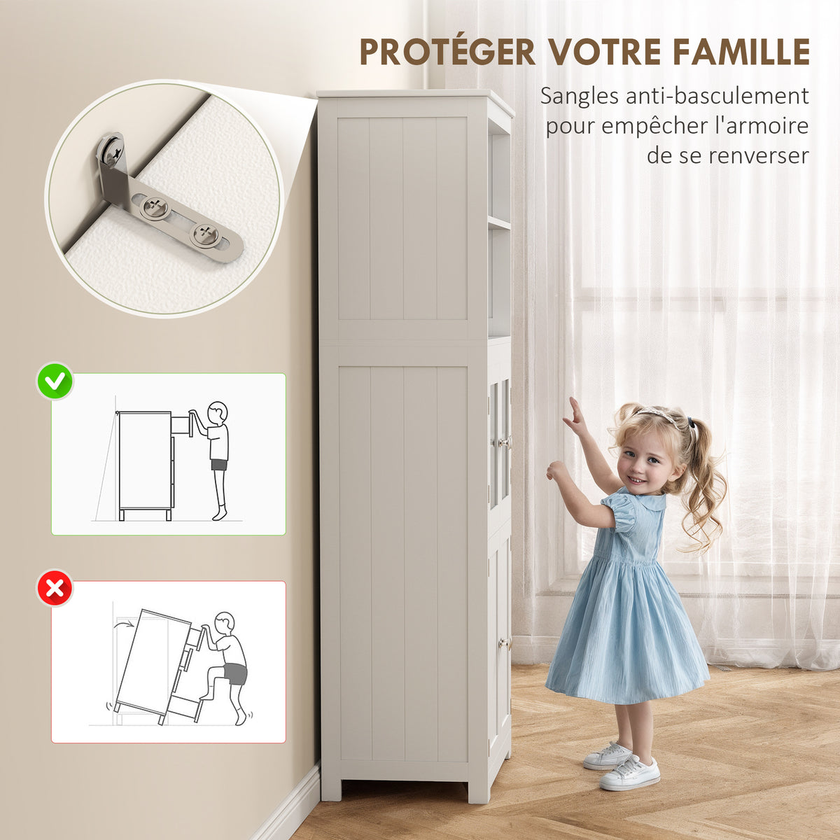 Armoire de cuisine buffet cuisine vaisselier meuble de rangement avec 2 niches, 2 placards avec 4 portes dont 2 portes vitrées, étagère réglable - dim. 60I x 30P x 162H cm blanc