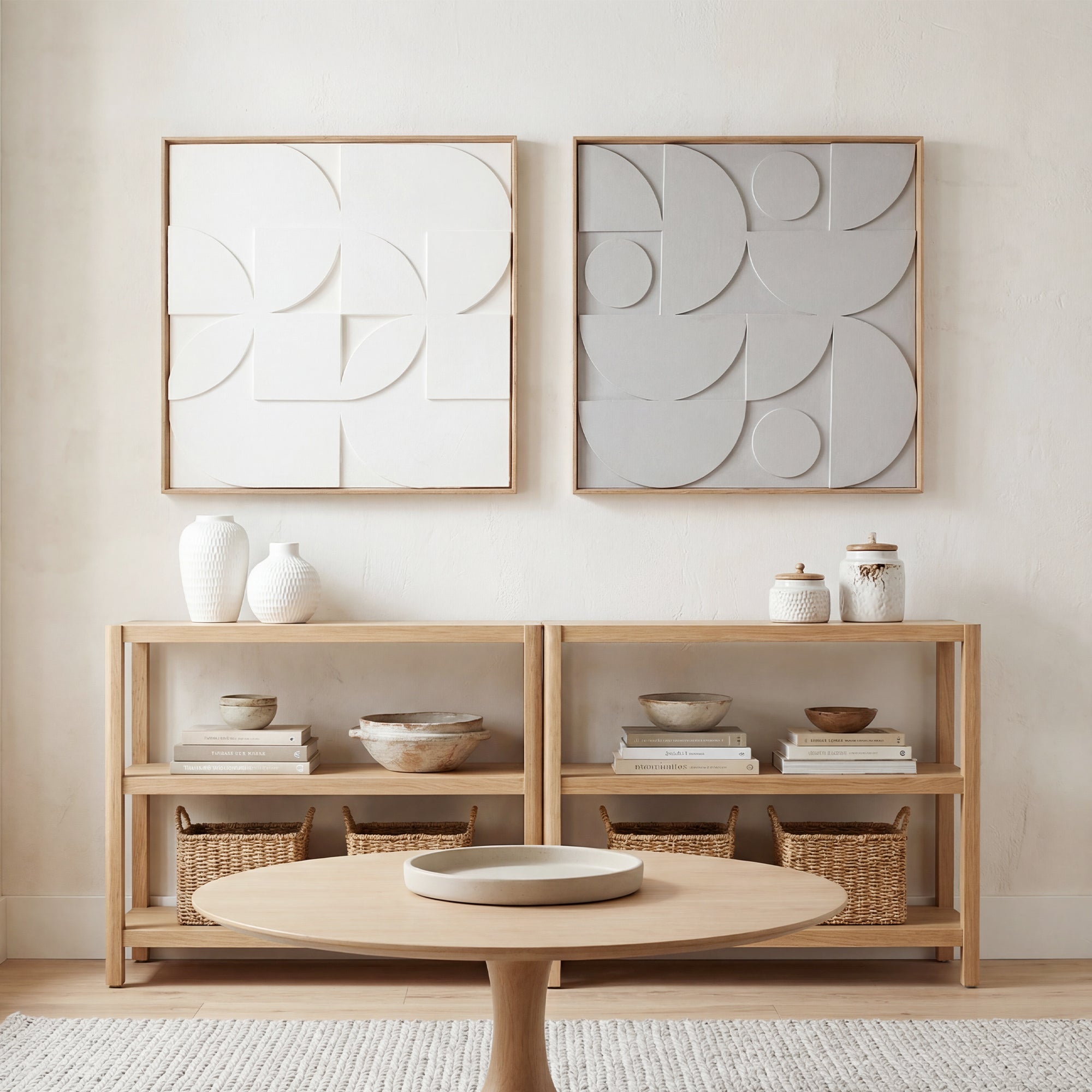 Lot de 2 tableaux abstraits 3D, décoration murale en bois géométrique, pour salon, chambre, bureau, 80 x 80 cm, blanc