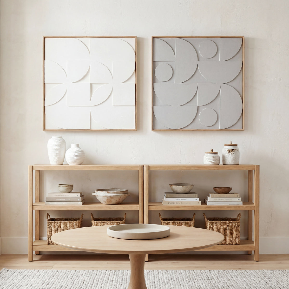 Lot de 2 tableaux abstraits 3D, décoration murale en bois géométrique, pour salon, chambre, bureau, 80 x 80 cm, blanc