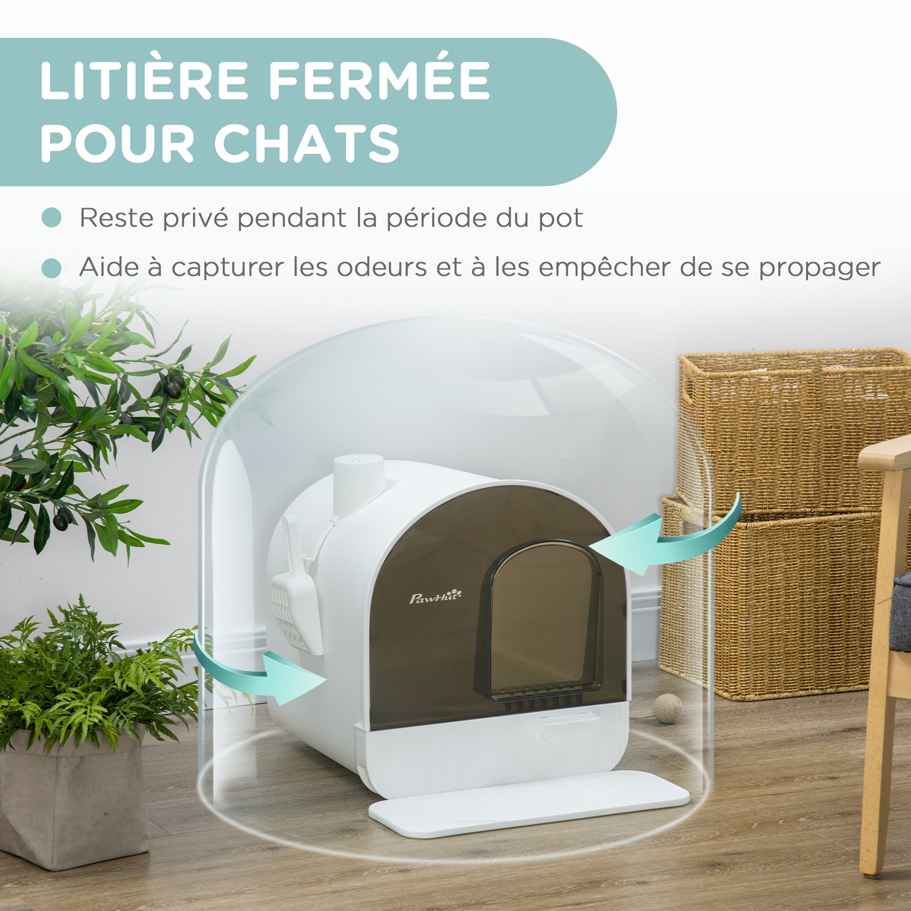 Maison de toilette pour chat avec tiroir amovible, bac à litière fermé avec tapis anti-trace, pelle, filtre anti-odeur et porte battante, nettoyage facile, 43 x 44 x 47 cm, blanc