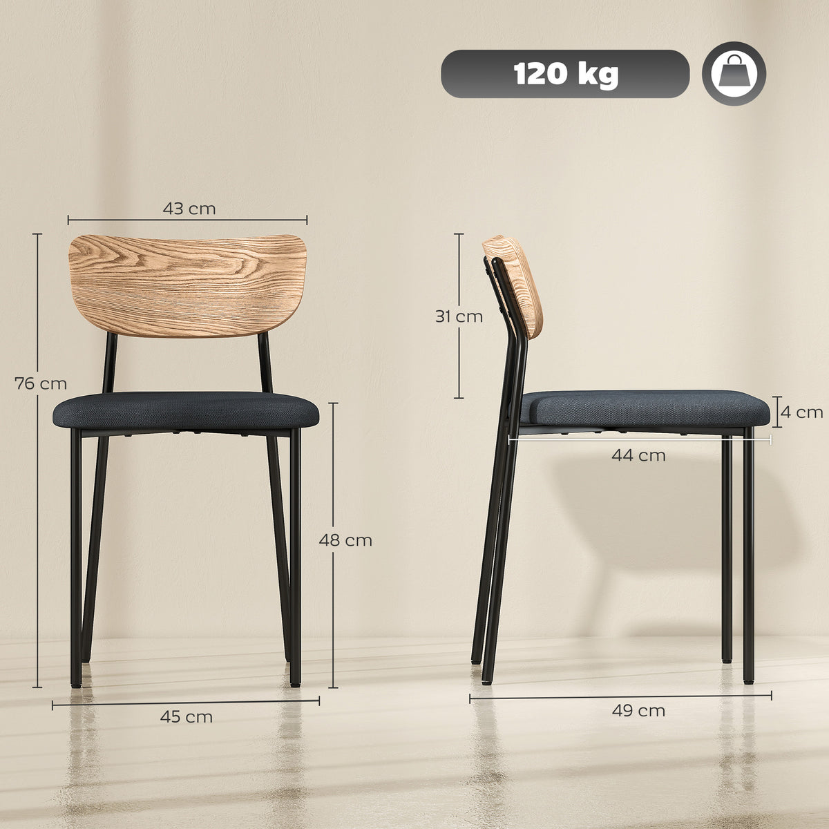Set de 2 sillas de comedor con patas de acero, respaldo curvado y asiento acolchado, gris y efecto madera natural