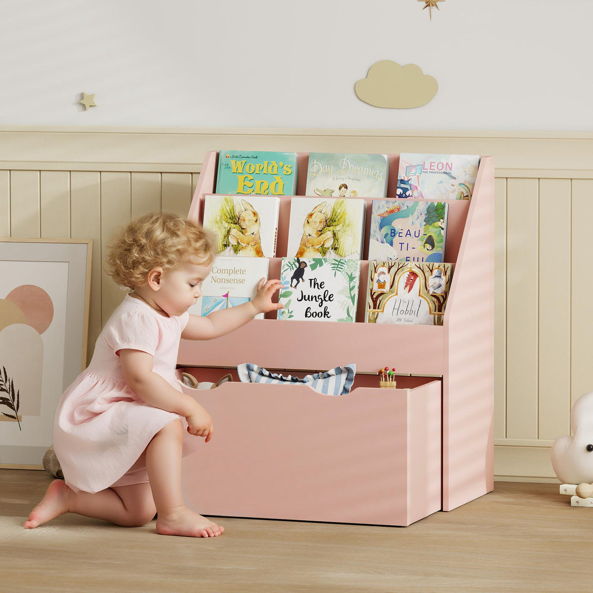 Kinderboekenrek met 3 legplanken en een lade, 62,5L x 30B x 70H cm, roze