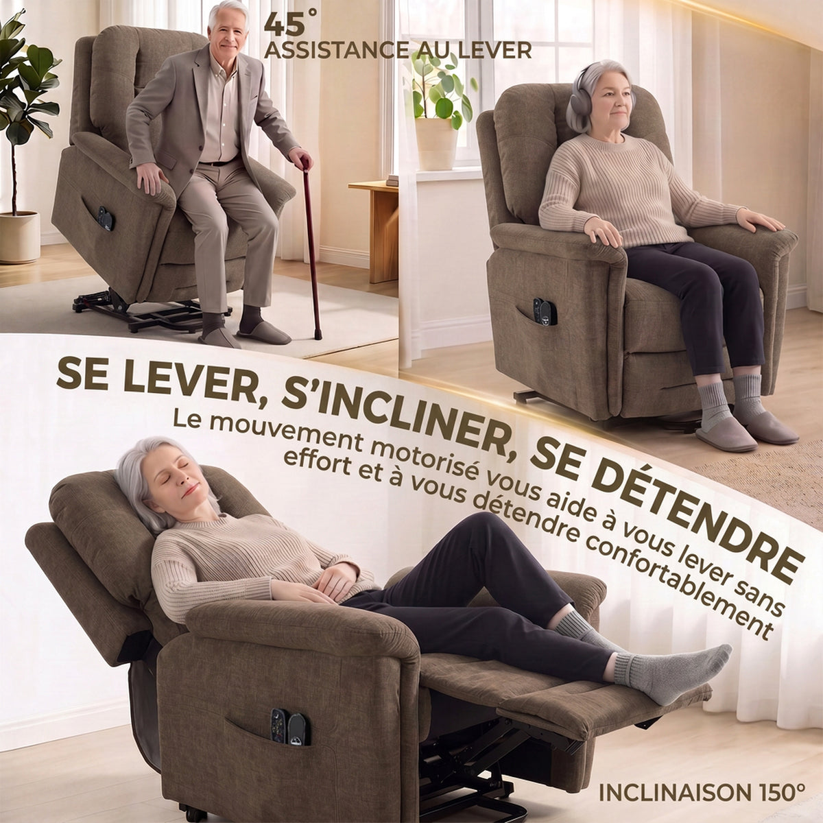 Electric Lift Chair Massage and Heat Electric Recliner Chair Velvet USB Port Reclining Backrest Brown
