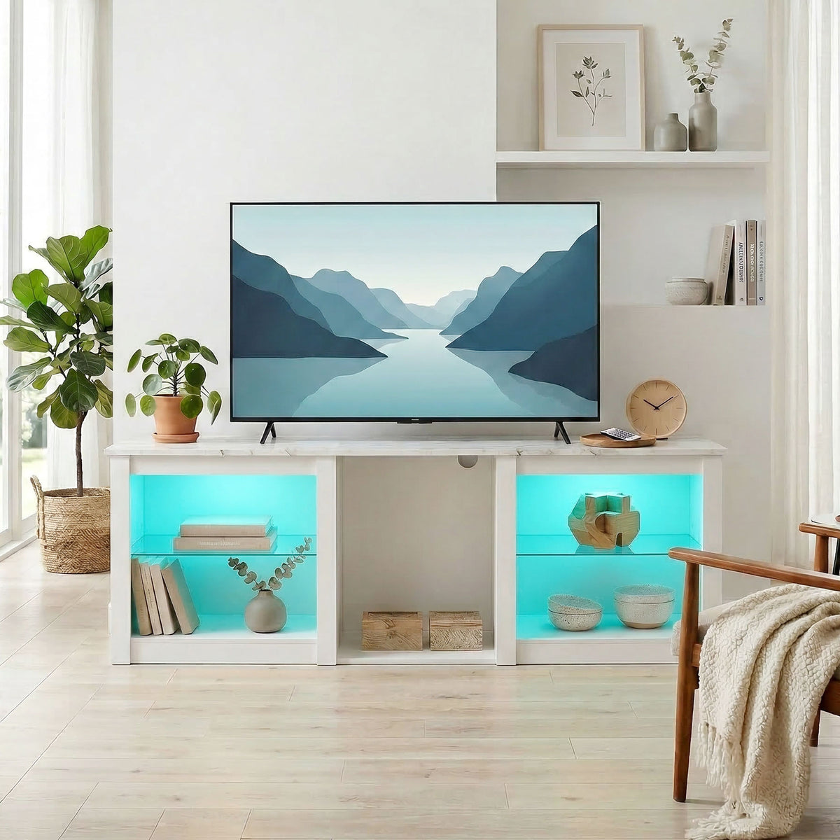 Meuble TV avec éclairage LED pour télévision jusqu'à 70 pouces, 160cm avec étagères en verre réglables, blanc