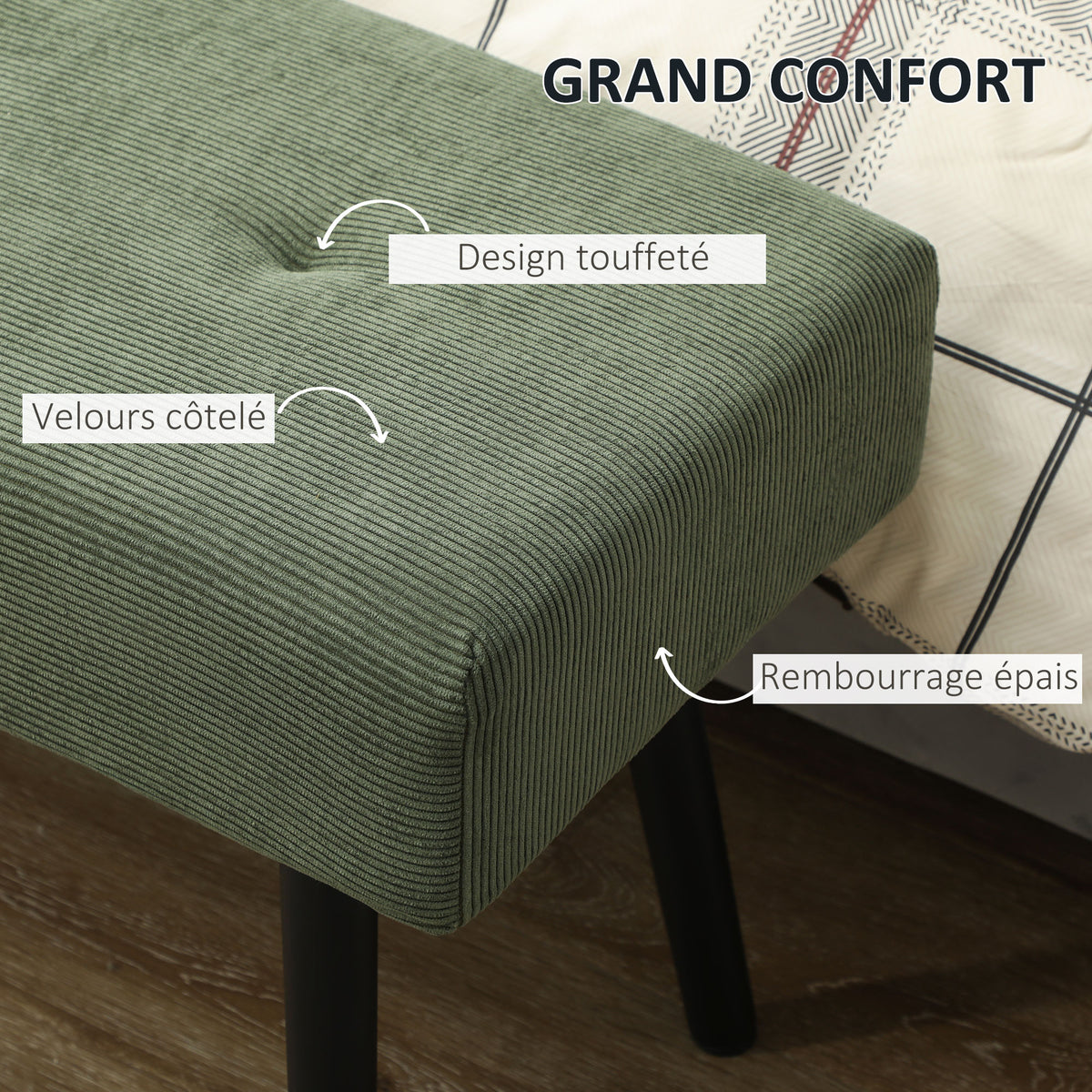 Banco banqueta a pie de cama tapizado en pana con patas de acero negro, carga de 220 kg, 100 x 36 x 45 cm, verde