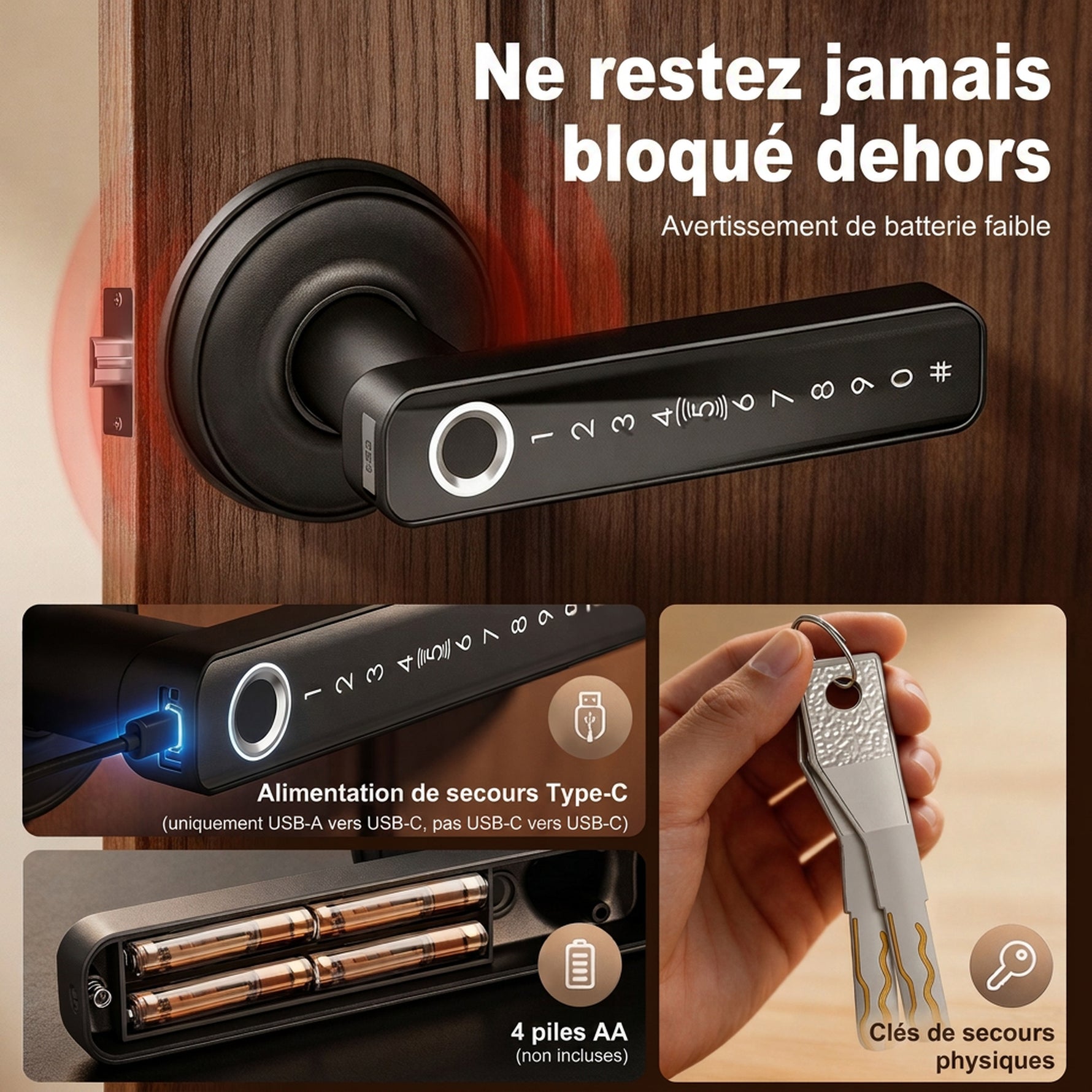 Serrure de Porte Intelligente, 5 Accès par Empreinte, Code, Carte NFC, Application Tuya/Smart Life et Clé, Noir