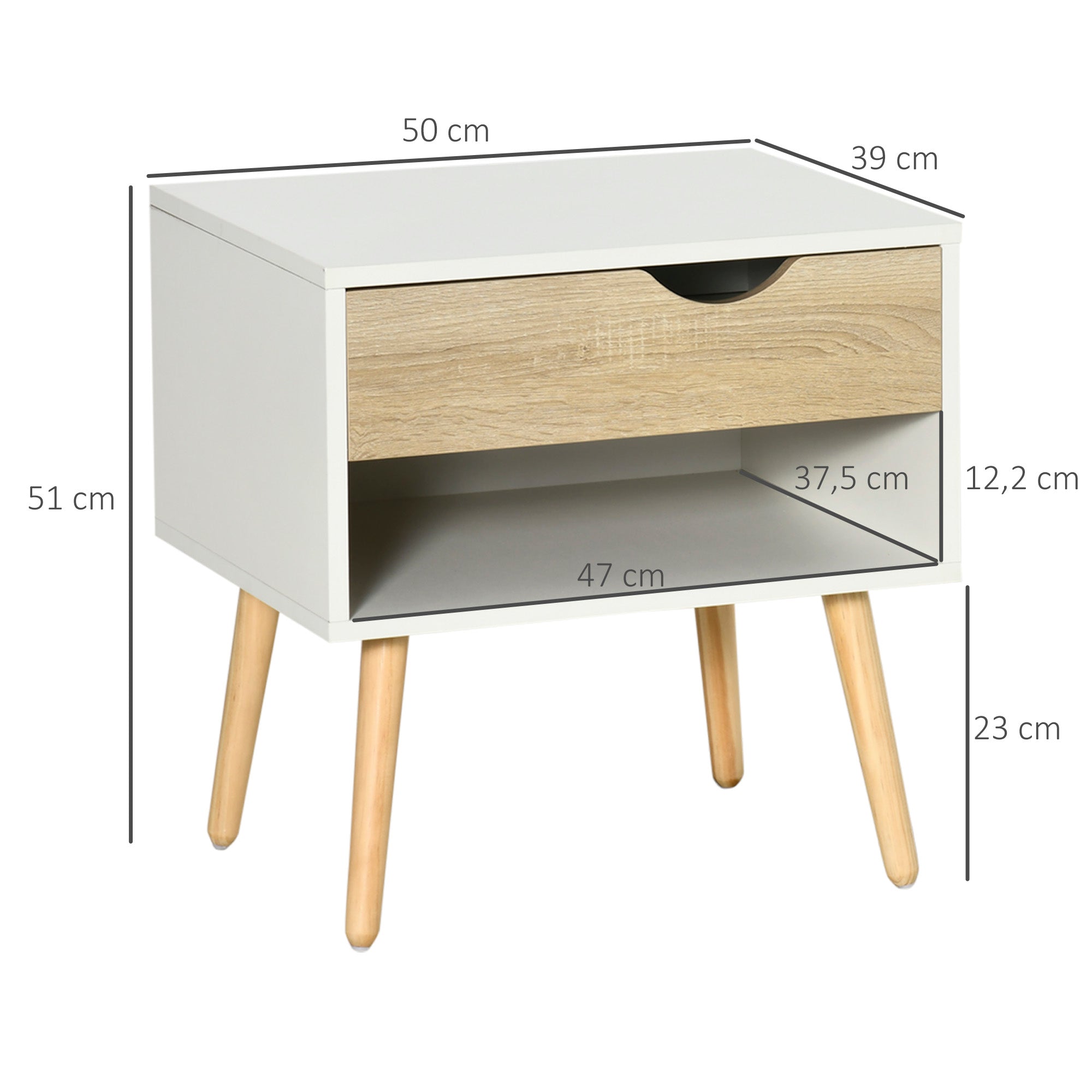 Comodino, tavolino da notte, con cassetto, design moderno, gambe in legno massello, 50 x 39 x 51 cm, bianco e legno naturale