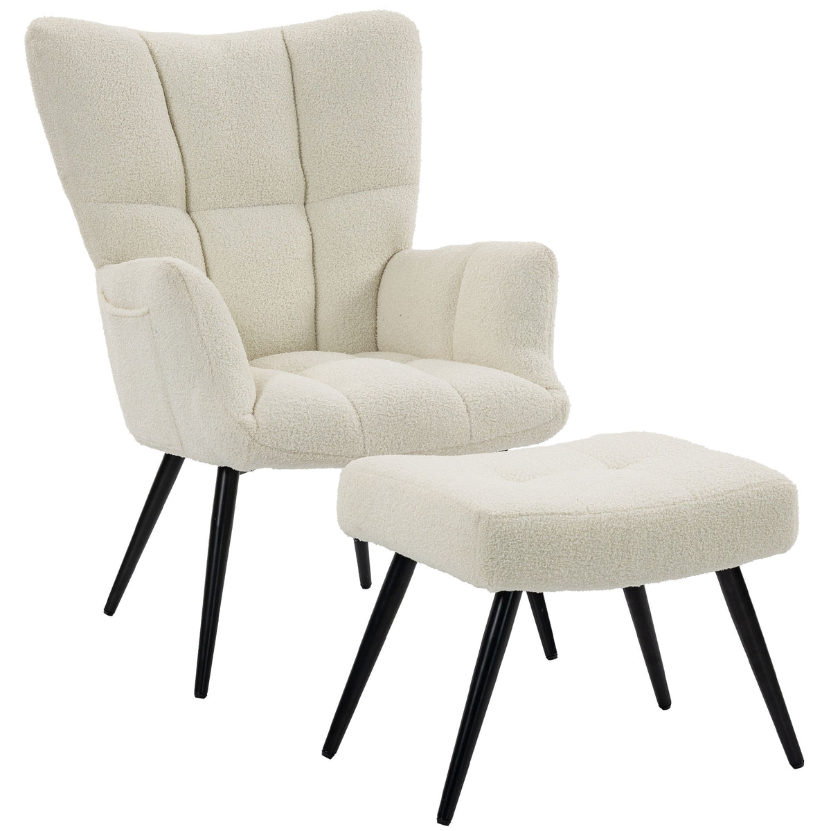 Fauteuil de Salon avec Repose-Pied, Fauteuil d'Appoint Capitonné en Peluche Teddy, Dossier Haut, Poches Latérales, Beige