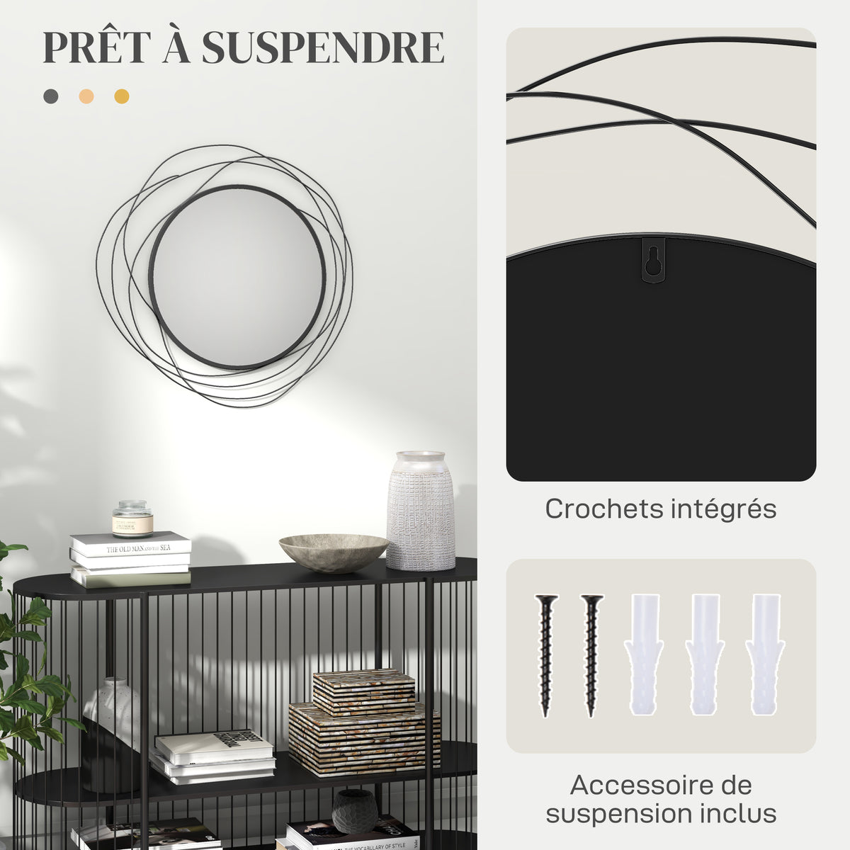 Espejo redondo de metal con perfil negro, decoración de estilo moderno, diámetro Φ65 cm