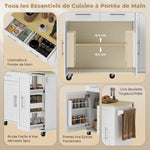 Îlot Central Cuisine avec Plateau Rabattable, Roulettes, 2 Tiroirs, Portes à Fermeture Douce, Porte-Serviettes, Blanc