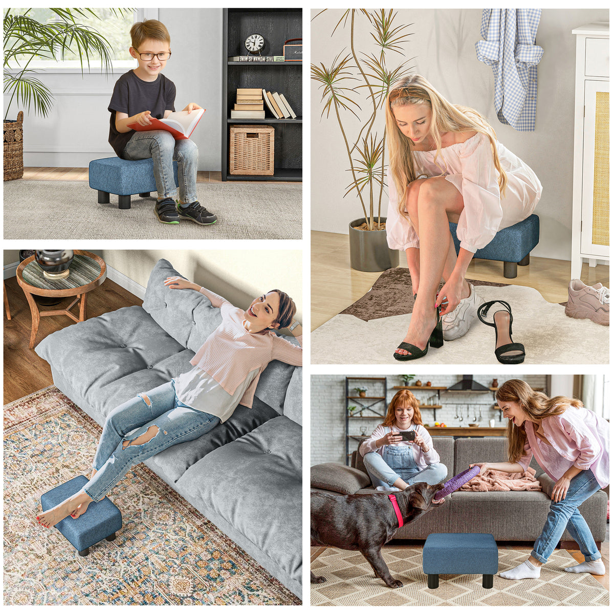 Pouf repose-pied tabouret bas en tissu de lin capacité de charge 110 Kg 40 x 30 x 24 cm bleu foncé