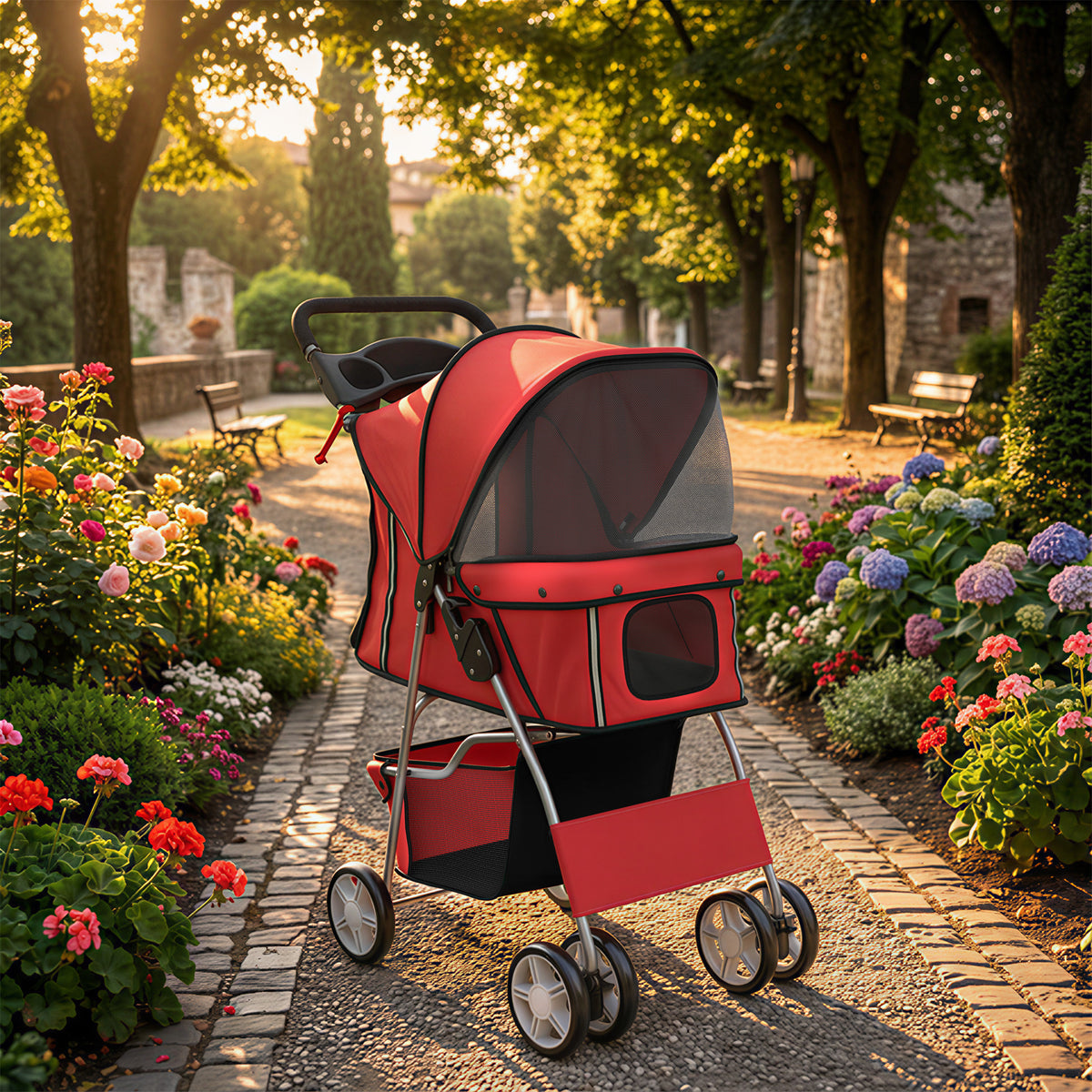 Poussette buggy pliable animaux chariot pliante chien chat porte-gobelet panier de rangement 75 x 45 x 97 cm rouge