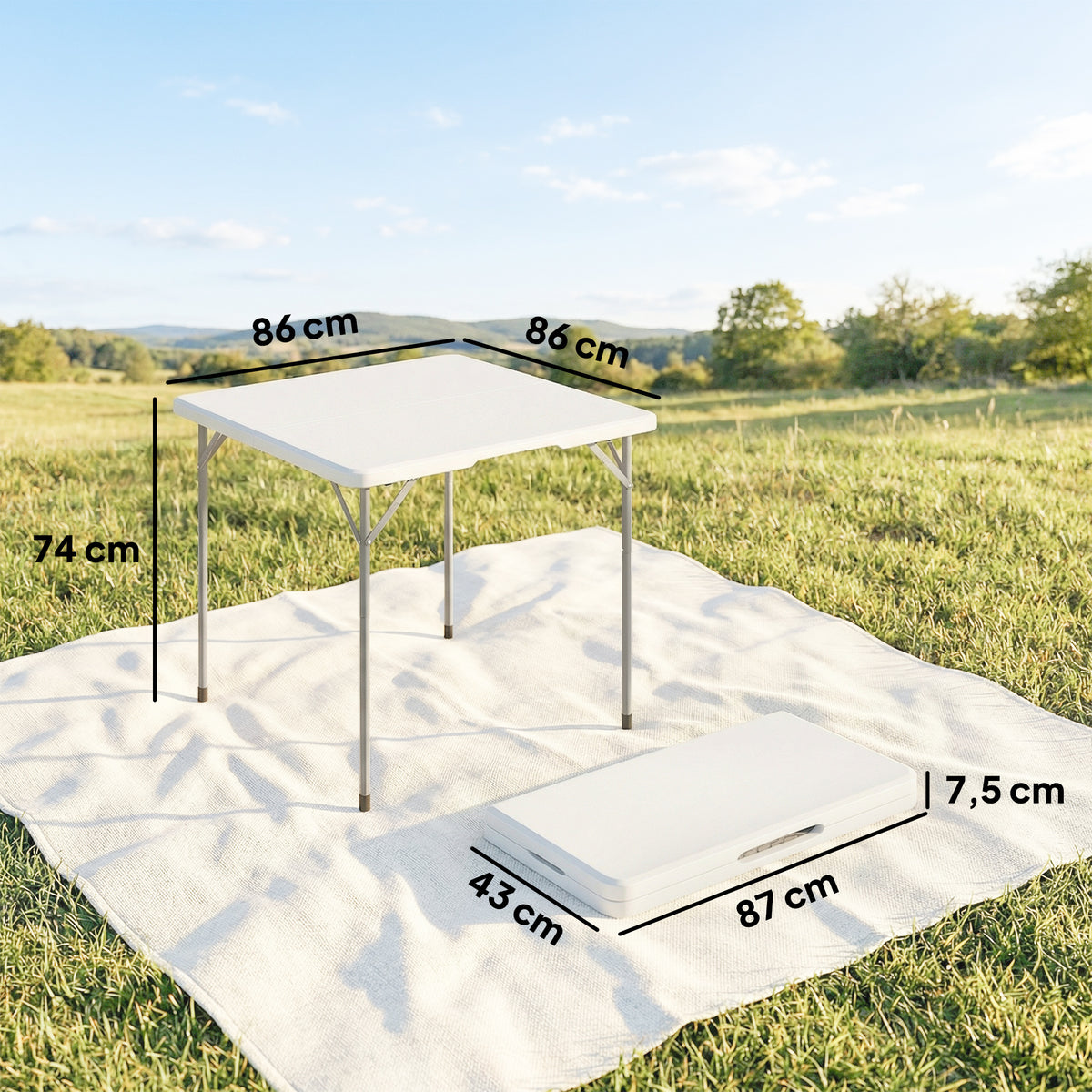 Mesa plegable de HDPE, mesa de camping plegable cuadrada 86 x 86 x 74 cm, con asa, altura ajustable, blanco