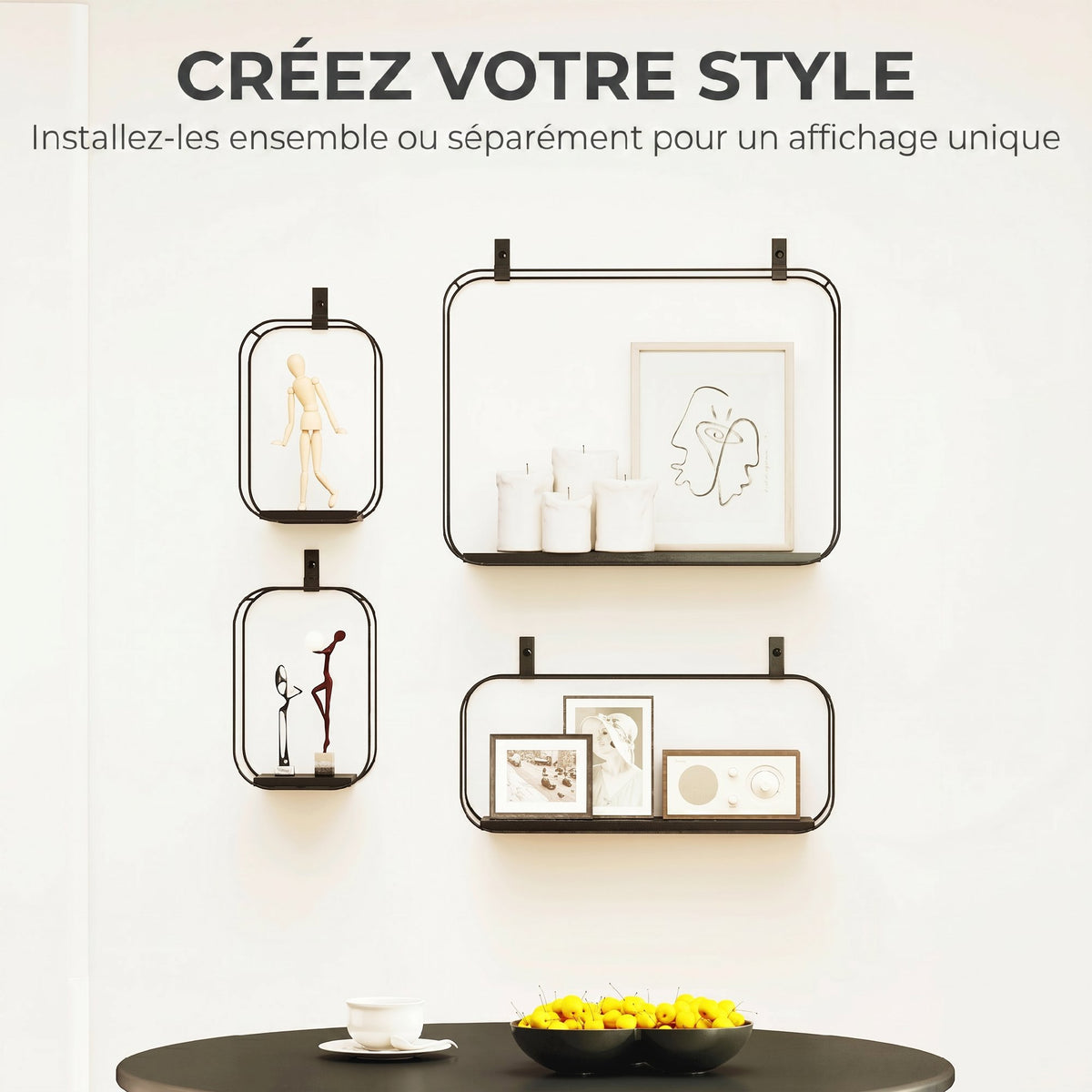 Lot de 4 étagères murales industrielles, étagères flottantes géométriques en métal, pour salon, chambre et bureau, noir