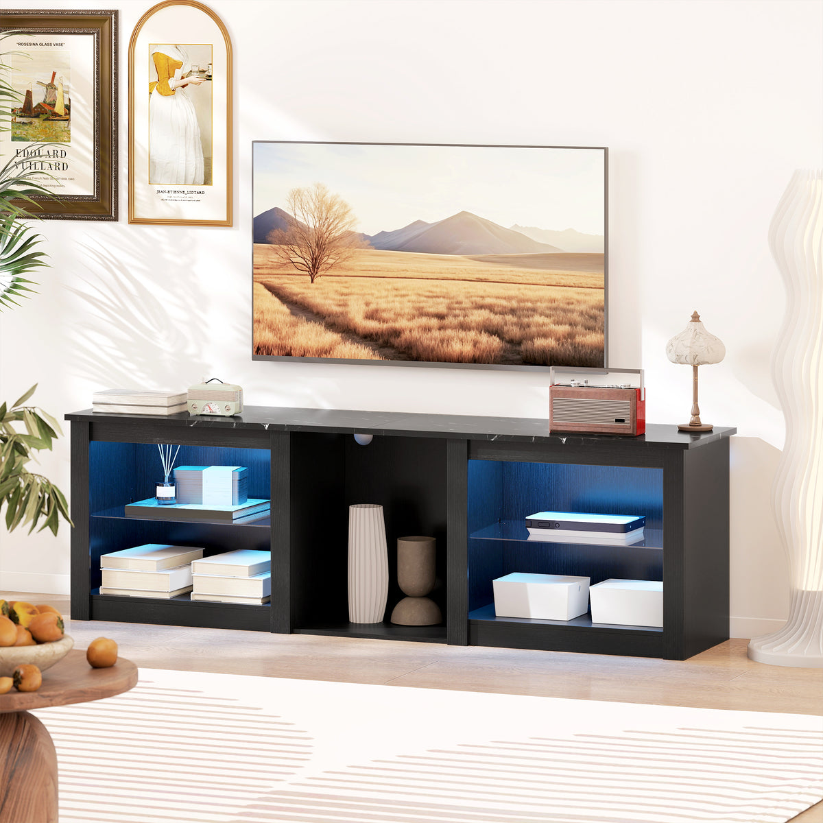 Meuble TV avec éclairage LED pour télévision jusqu'à 70 pouces, 160cm avec étagères en verre réglables, noir