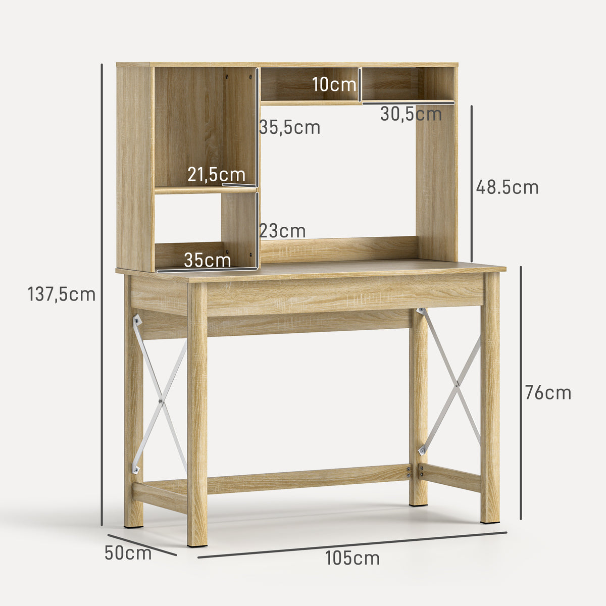 Bureau avec rangement bureau bibliothèque en bois avec étagères et grand plateau pour petits espaces, aspect chêne