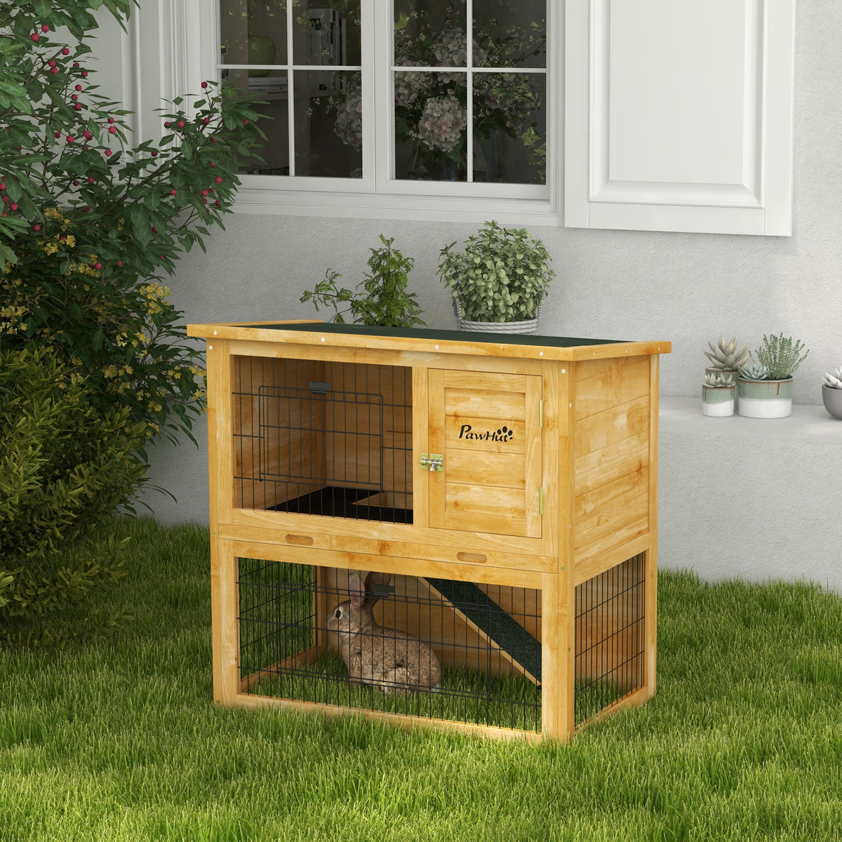 Clapier à lapin en bois 2 étages avec 3 portes plateau coulissant rampe toit bitumé 85 x 50 x 80 cm jaune