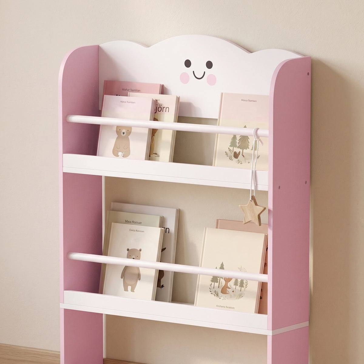 Bibliothèque pour enfant, rangement livre enfant 4 niveaux en thème barbe à papa, 60x12x108cm, rose