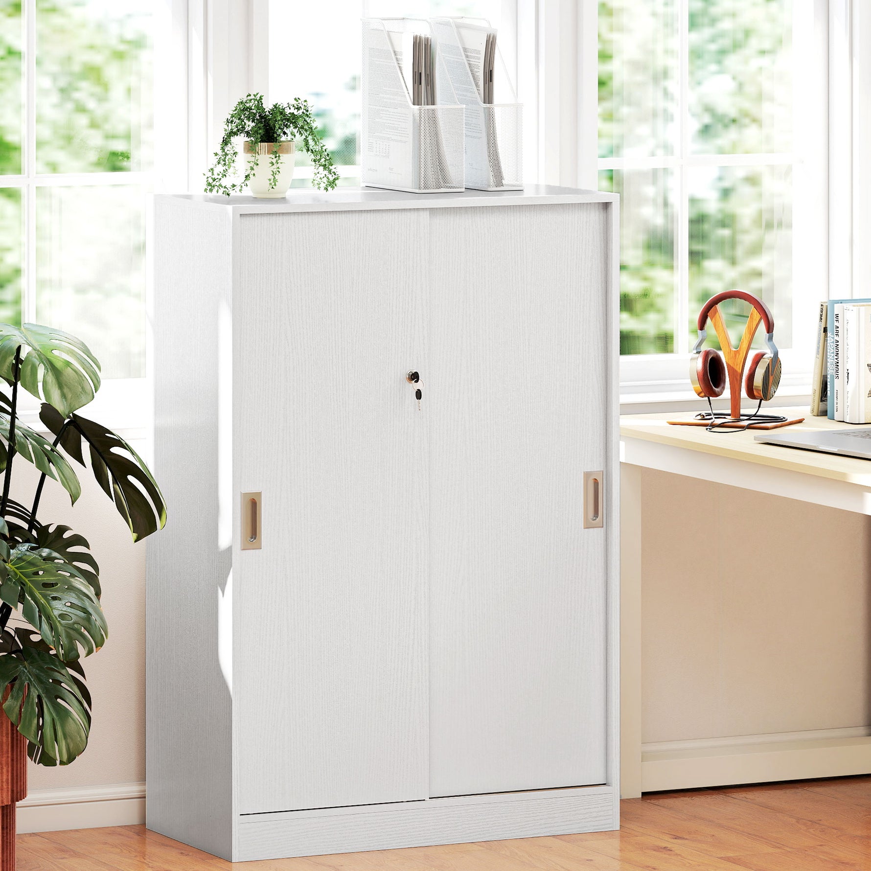 Armoire de Bureau 2 Portes coulissantes verrouillables dim. 80L x 40l x 120H cm 2 étagères en Bois Blanc