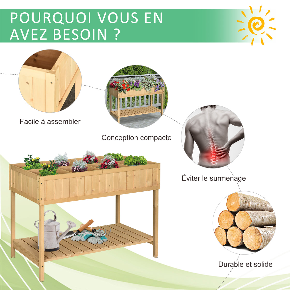 Jardinière sur Pieds carré Potager avec étagère 110L x 46l x 76H cm 8 Compartiments & Inserts d'irrigation