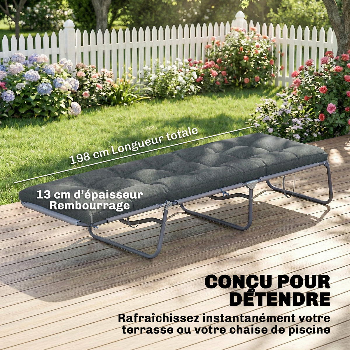 Coussin Bain de Soleil Chaise Longue en Mousse à Mémoire avec Sangles, Protection UV50+, 198x65x13cm, Gris foncé