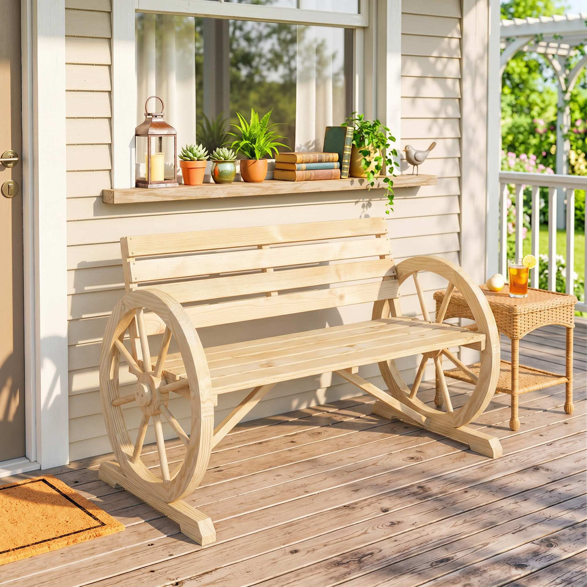 Banc de Jardin banc 3 places en bois Style Rustique Chic accoudoirs Roues Charette Bois Sapin effet bois naturel