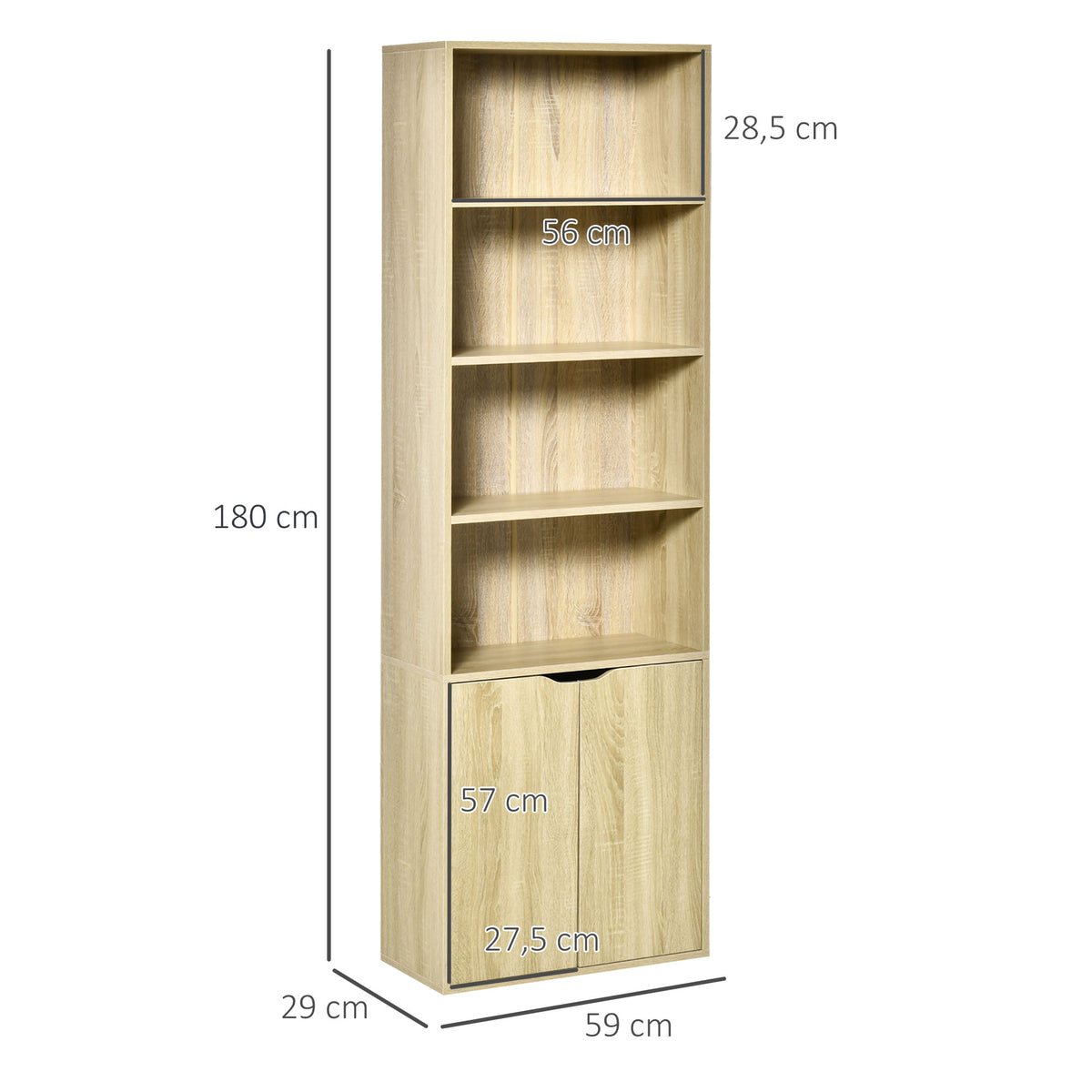 Liburutegia 4 konpartimentu ireki eta 2 ate dituen apalategia, egongelarako eta bulegorako, 59x29x180 cm, egur naturala