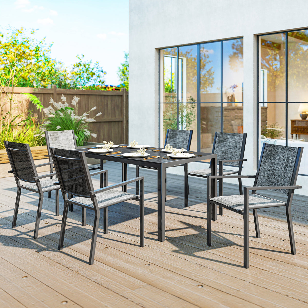Table de jardin extérieure avec 6 chaises empilables, plateau à lattes 150 cm, structure en acier anti-rouille, noir