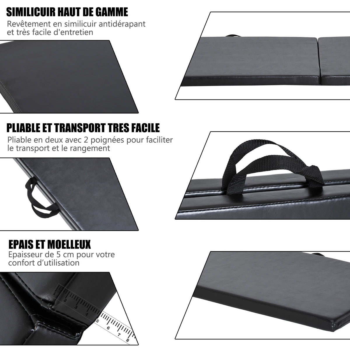 Tapis de gymnastique yoga pilates fitness pliable portable grand confort 180L x 60l x 5H cm revêtement synthétique noir