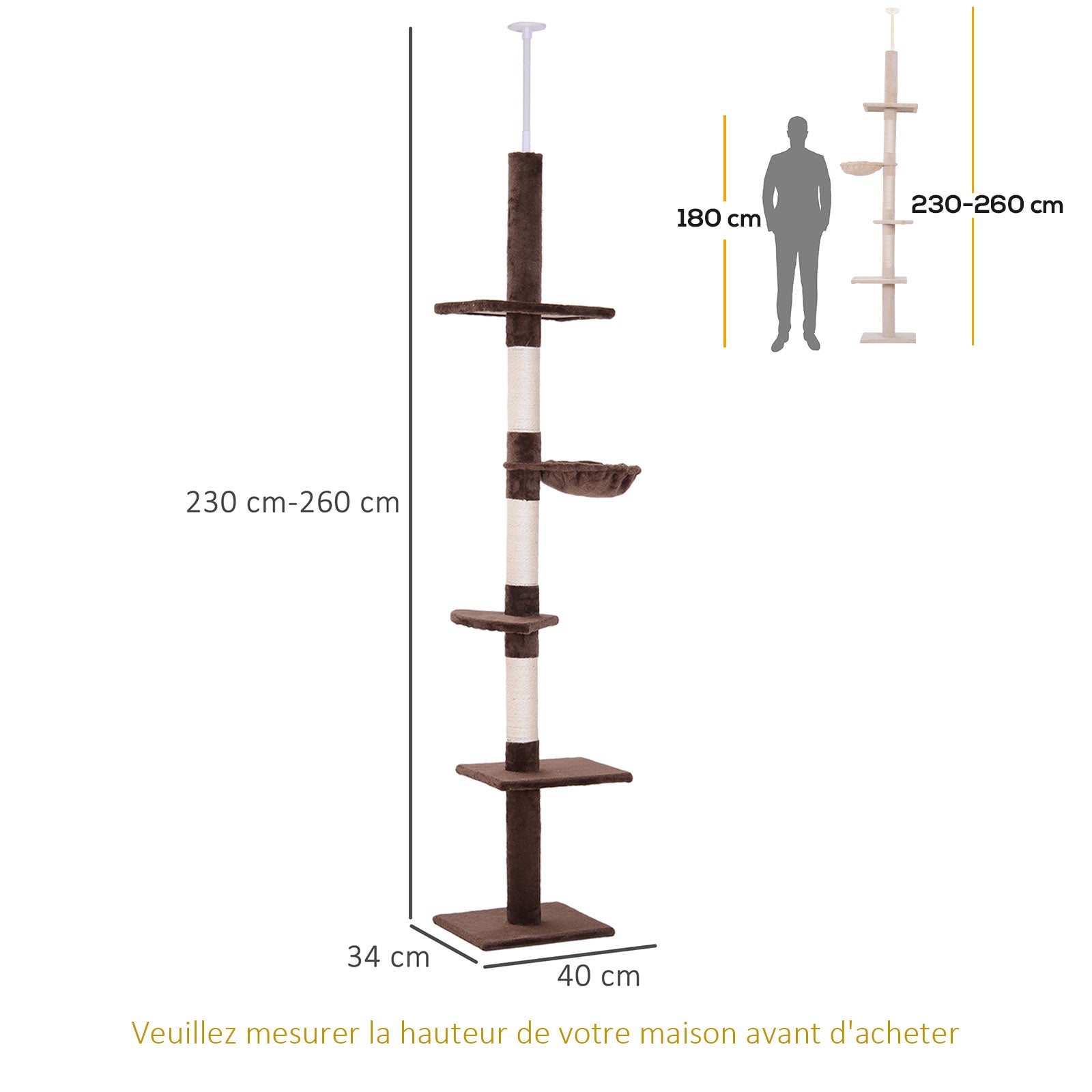 Arbre chat du sol au plafond poteau à griffer L40 x l 34 x H 230-260 cm 5 niveaux d'activités marron