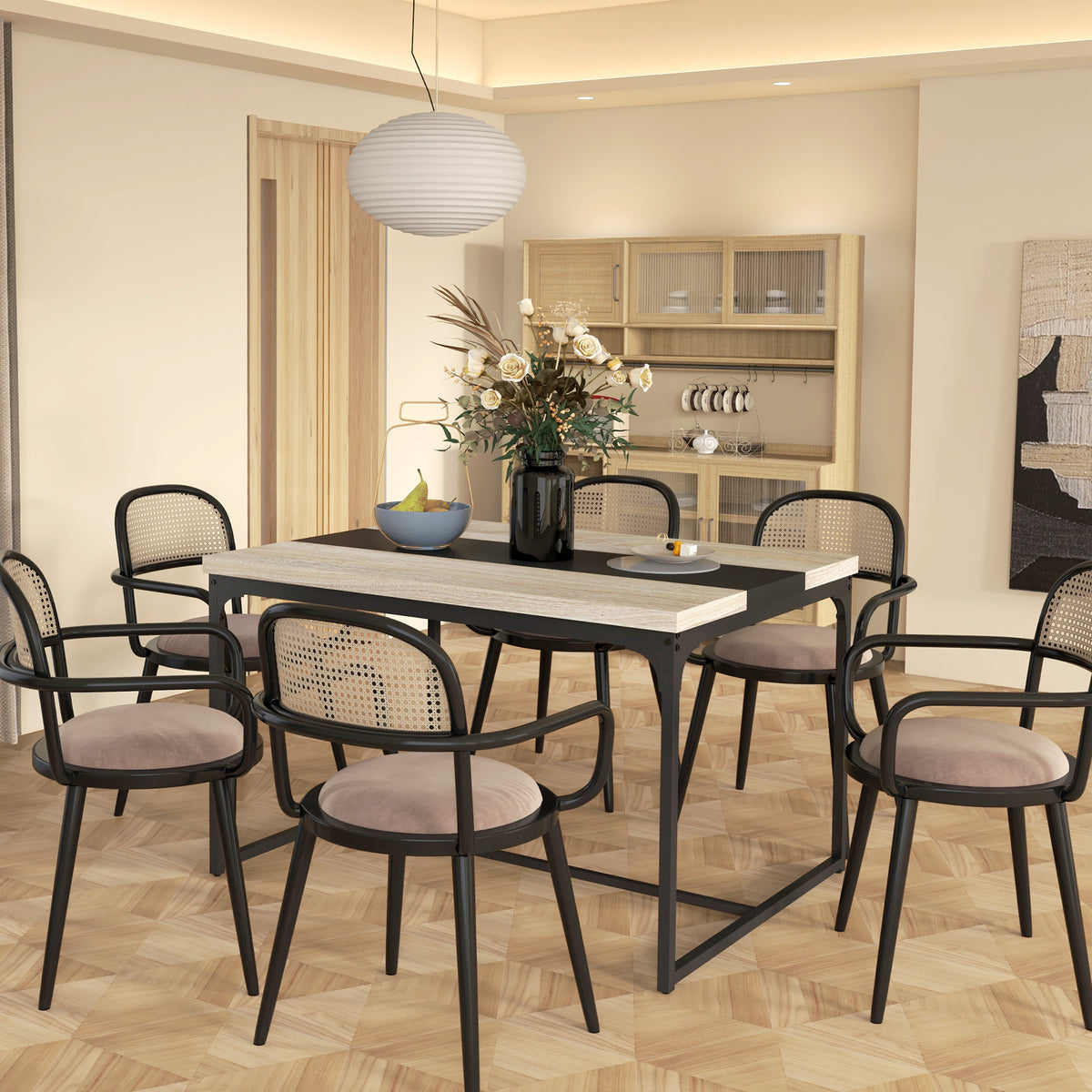 Table de salle à manger pour 6 personnes, style industriel en métal noir et bois, dim. 120L x 89l x 75,5H cm