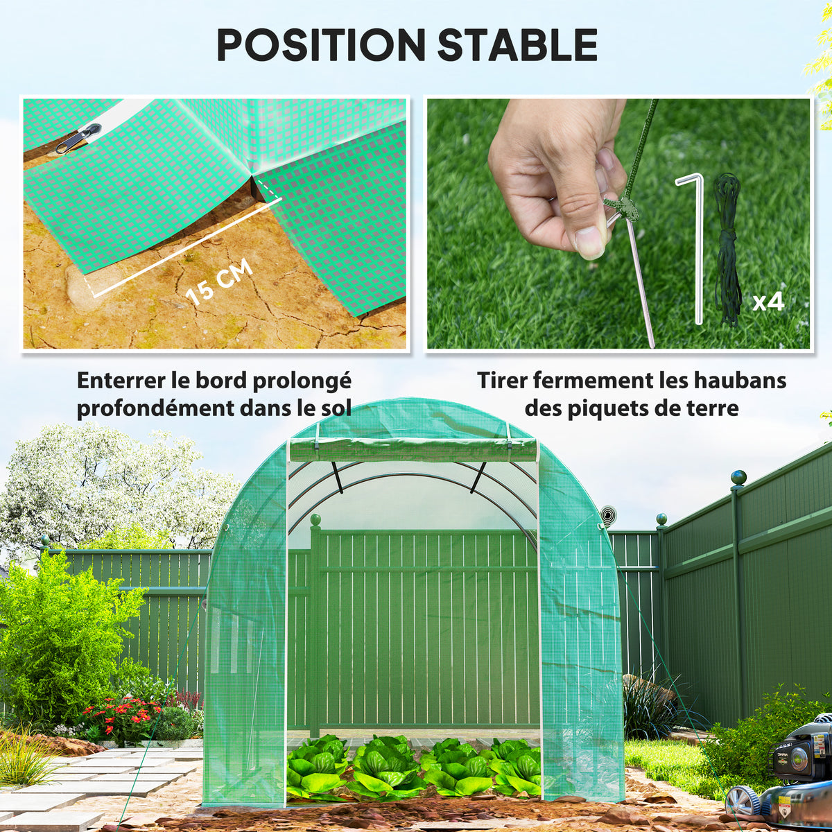 Serra a tunnel da giardino 6 m² 3 x 2 m con 1 porta + 2 pareti laterali avvolgibili con cerniera, 6 finestre, verde