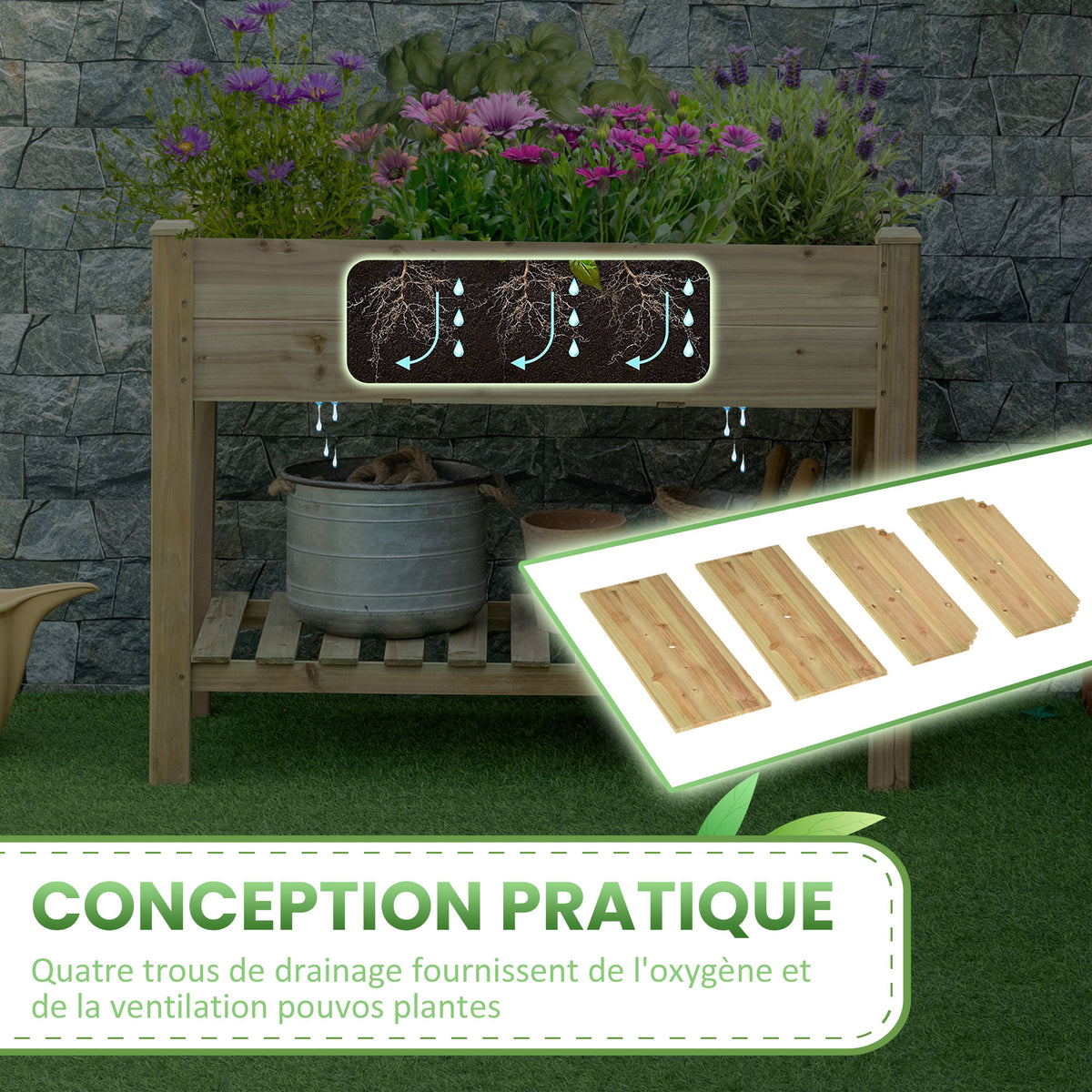 Jardinière surélevée avec Étagère de Rangement en Bois, Carré Potager sur Pied surélevé, 113 x 56 x 84 cm, vert