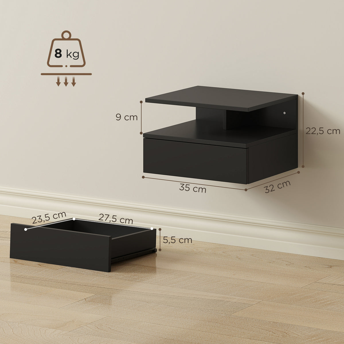 Lot de 2 tables de chevet murales, tables de nuit suspendues avec tiroir, étagère ouverte, 35x32x22,5cm, noir