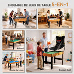 Table MultiJeux 5 en 1 Babyfoot Billard Air Hockey Ping-Pong et Basket Accessoires 134x108x144cm Marron Noyer