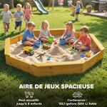 Bac à sable en bois avec auvent, bac à sable enfant extérieur avec 4 bancs, doublure de fond, jaune