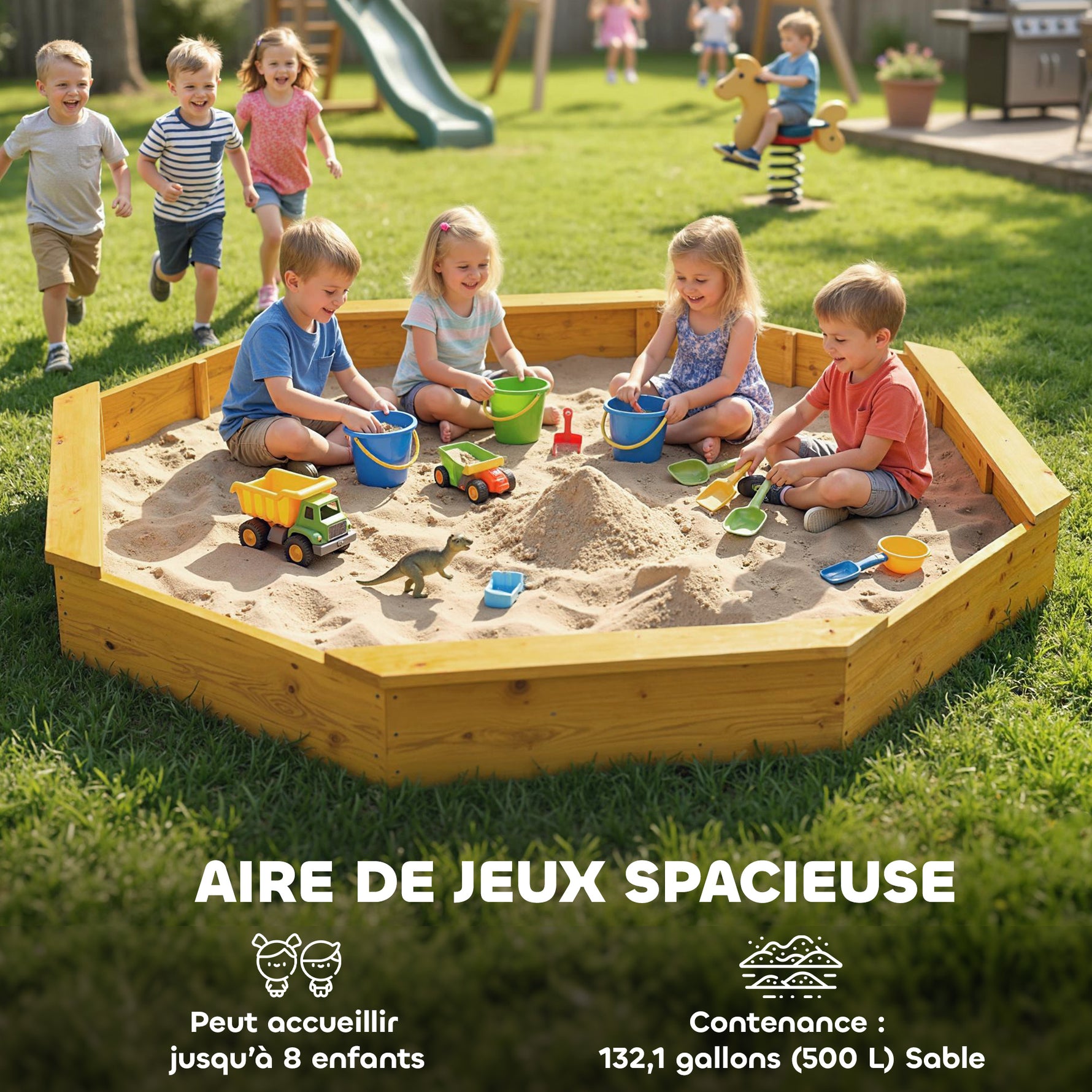 Bac à sable en bois avec auvent, bac à sable enfant extérieur avec 4 bancs, doublure de fond, jaune