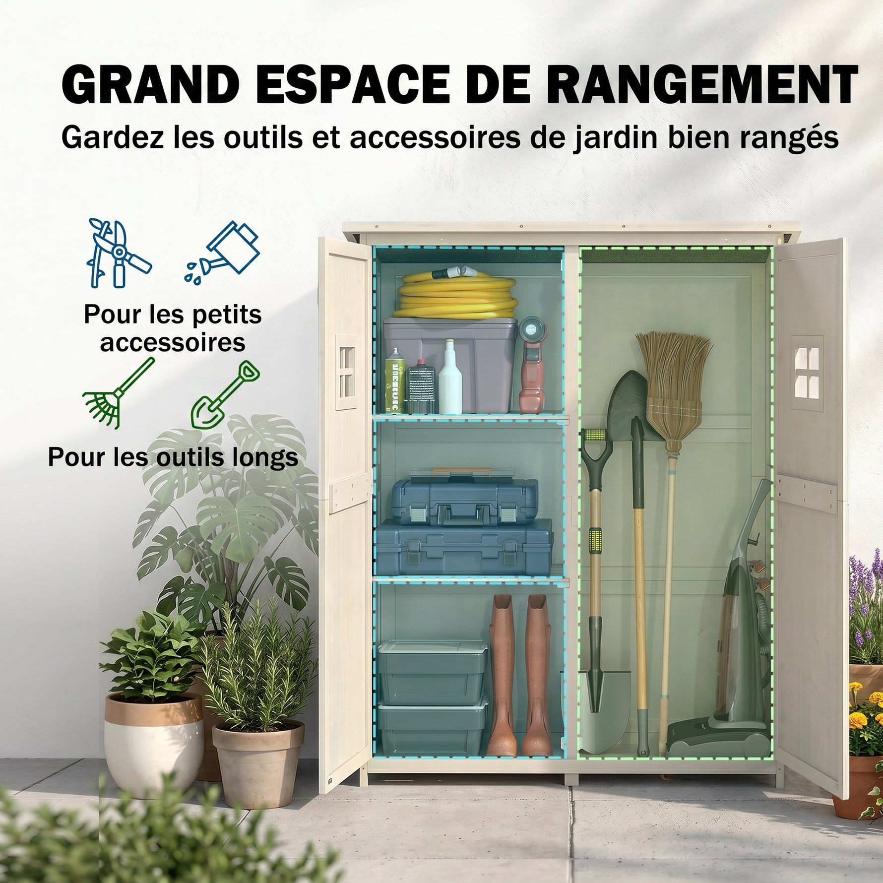 Abri de Jardin en bois Armoire de Jardin dim. 127,5L x 50l x 164H cm 2 étagères 2 Portes 2 fenêtres Toit bitumé étanche Bois Massif Sapin pré-huilé Gris