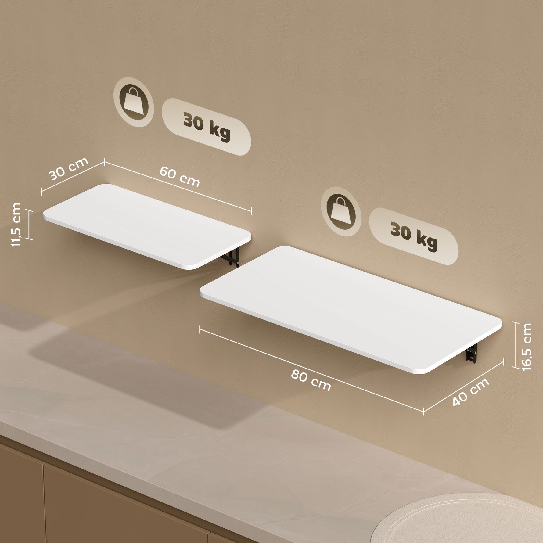 Lot de 2 tables pliantes murales, table murale rabattable en bois, pour cuisine, salle à manger, bureau, blanc brillant
