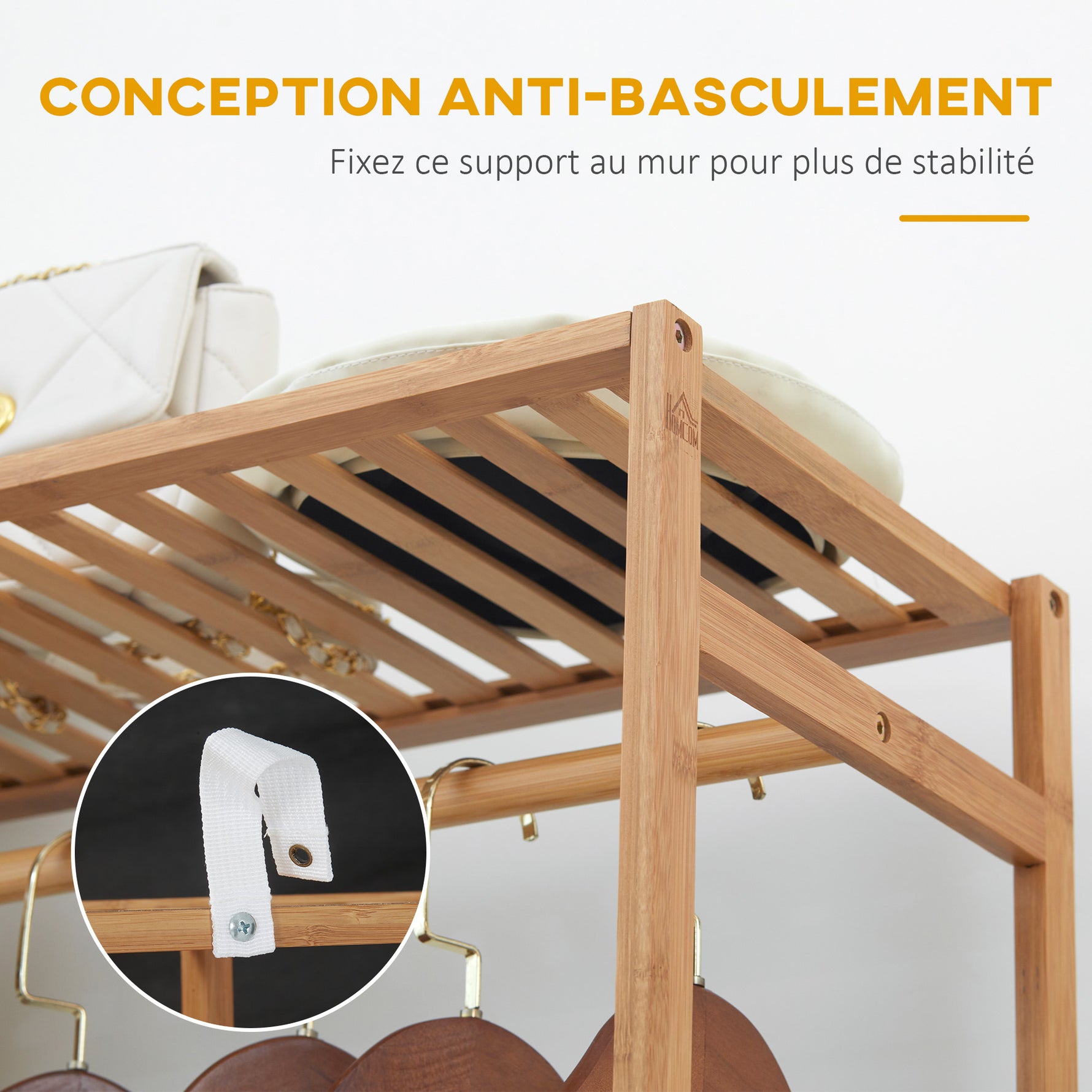 Portant à vêtements en bambou avec étagère de rangement à 6 niveaux et tringle de suspension, 90x30x145cm, bois naturel