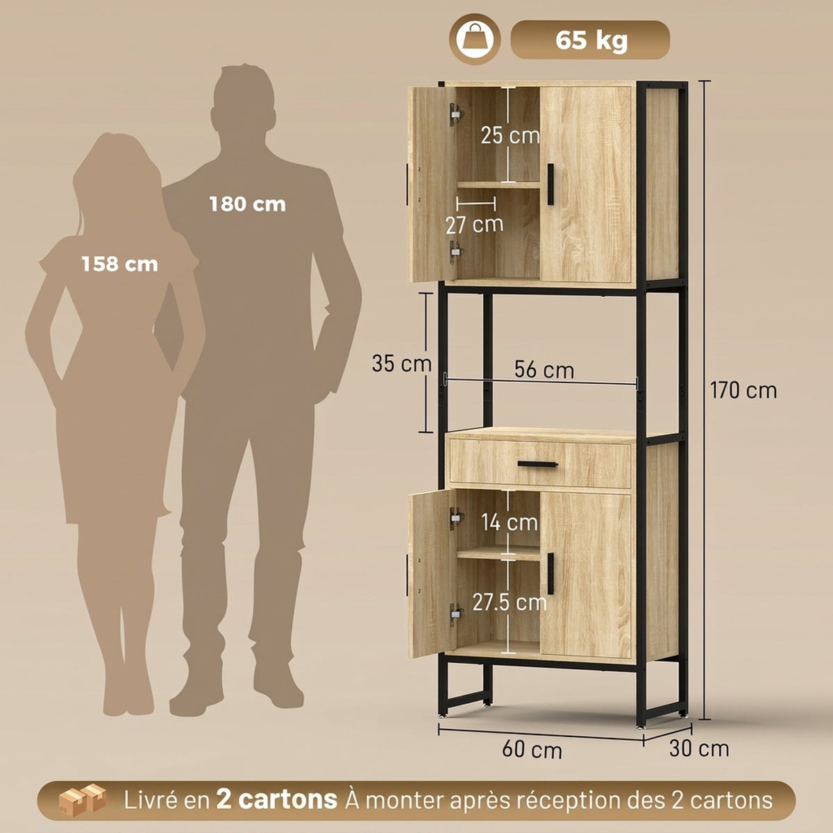Buffet Haut Cuisine, Armoire de Cuisine, 4 Portes à Fermeture Douce, Tiroir, Plan de Travail, 60x30x170cm, Bois Naturel