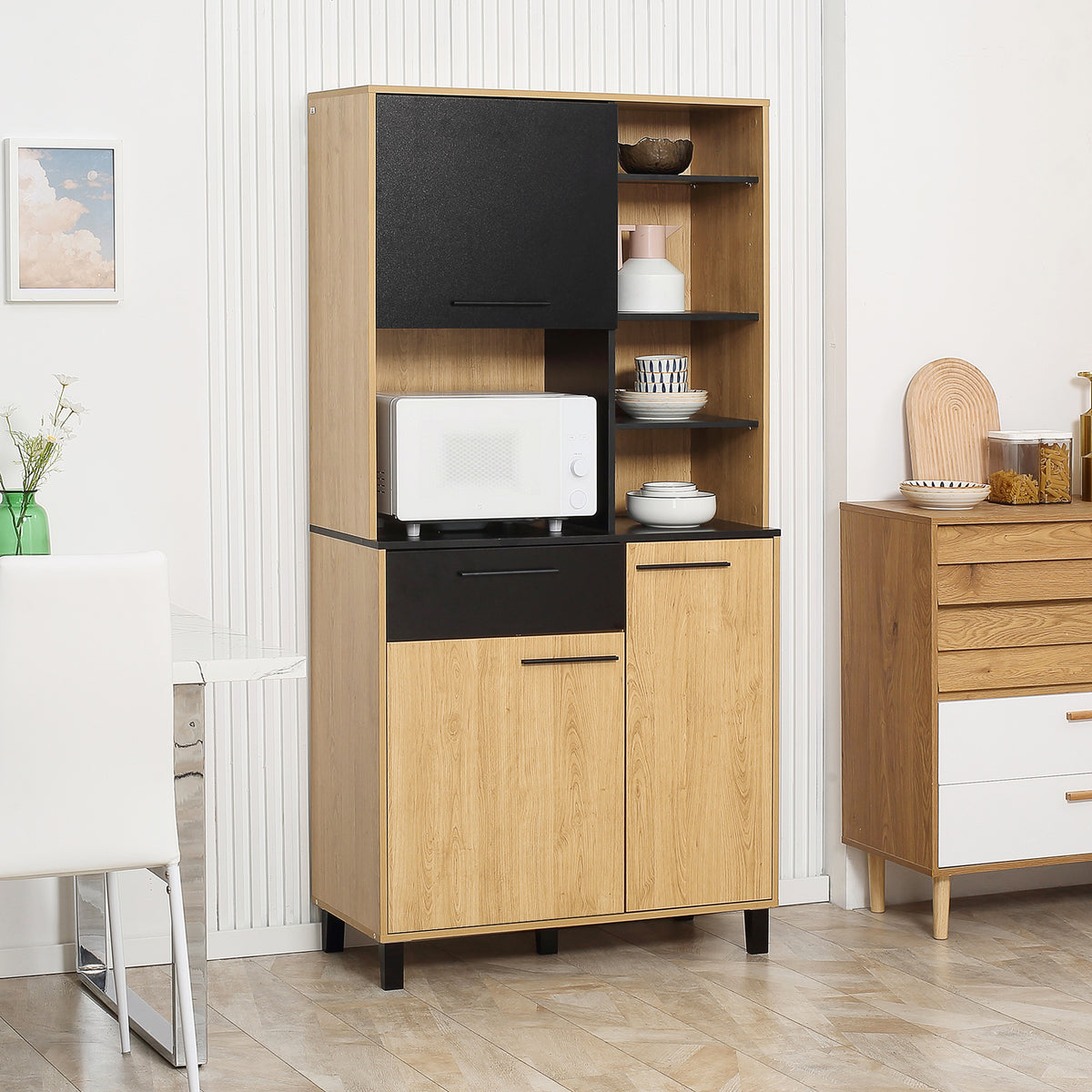 Armoire de cuisine multi-rangements avec tiroir 3 placards 4 niches et passe-câbles hauteur 180 cm noir et bois naturel